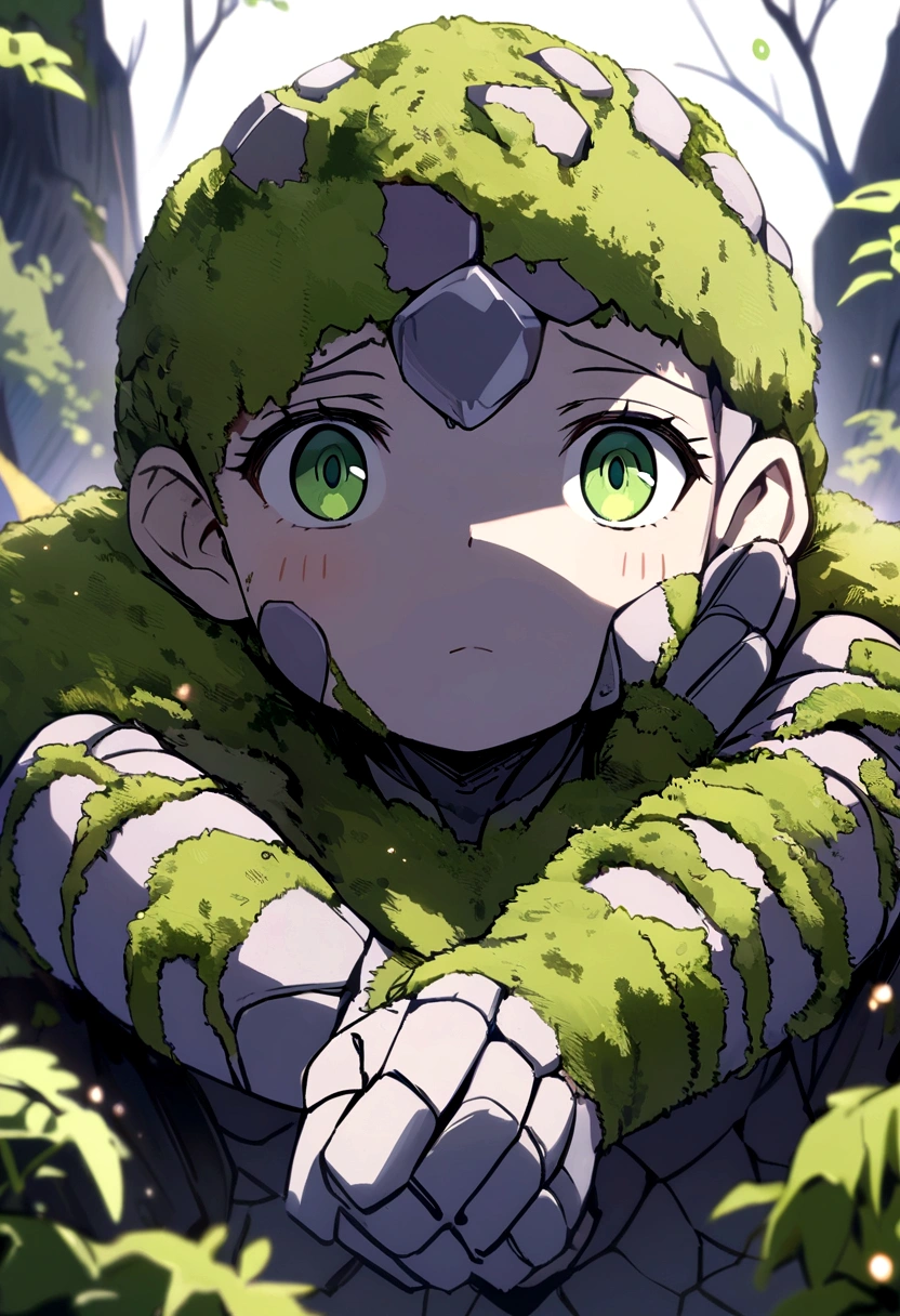 gentle stone golem, square face, green eyes, moss on body