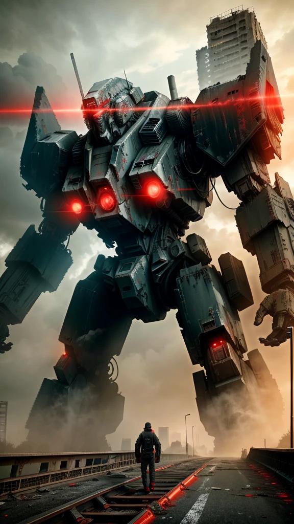 An imposing large mecha, on an abandoned bridge, in the background a post apocalyptic scene, 8k image, vfx effects, high detail, focused image, high level of detail, black with red, cinematic scene.
