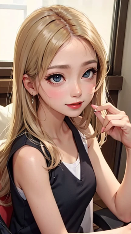 blush a little and smile, (Top quality masterpiece:1.2) Delicate illustrations, Very detailed, /Beautiful Japanese Women、1 person,Very cute and slim、Great style 、((8K images、super high quality))、Very delicate face, Skin and Hair、beautifule forehead、Red lipstick、(((((Mid-length hair、Blonde、lure))))),Very cute Japanese cut face、Eyes and nose are clearly visible、Kind eyes,((((Sleeveless fashion))))