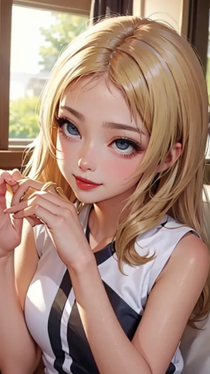 blush a little and smile, (Top quality masterpiece:1.2) Delicate illustrations, Very detailed, /Beautiful Japanese Women、1 person,Very cute and slim、Great style 、((8K images、super high quality))、Very delicate face, Skin and Hair、beautifule forehead、Red lipstick、(((((Mid-length hair、Blonde、lure))))),Very cute Japanese cut face、Eyes and nose are clearly visible、Kind eyes,((((Sleeveless fashion))))