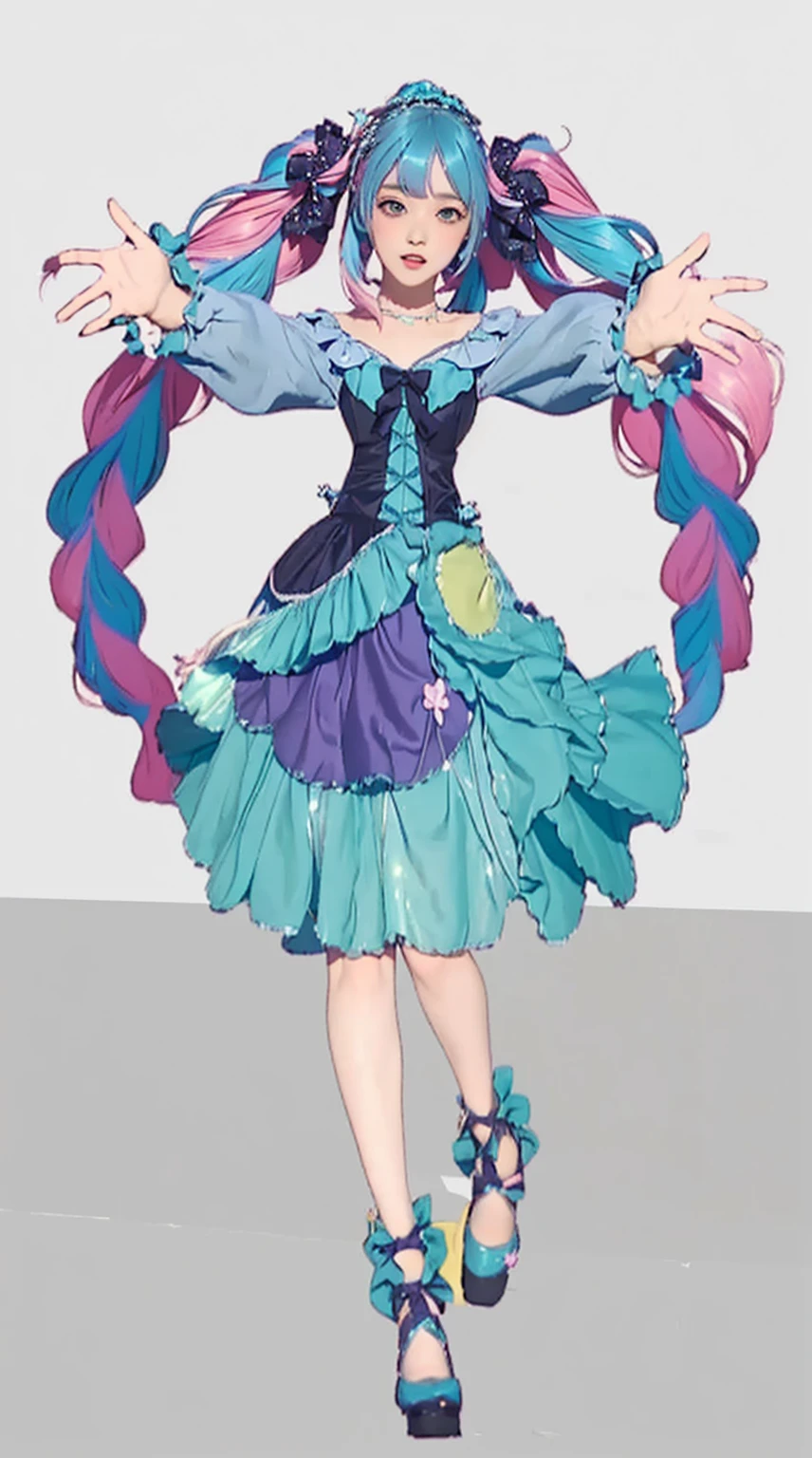 ((Masterpiece)), (best quality), (very detailed), ((very detailed)), 4k, (8k),2 girl,Hatsune Miku, girl in a dress with open her arms, my dress up darling in realistic style, style of magical girl, kawaii decora rainbowcore, frilly outfit, in dress, dressed in a frilly ((ragged)), sparkling magical girl, pink twintail hair and cyan eyes, stylized realistic, magical dress