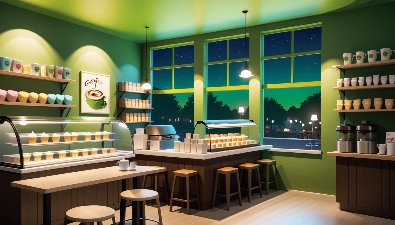a cozy night time interior of a coffee shop, sweets in the shelves and coffee cups in the tables, there are also 2 windows in which you can see a green solid background outside