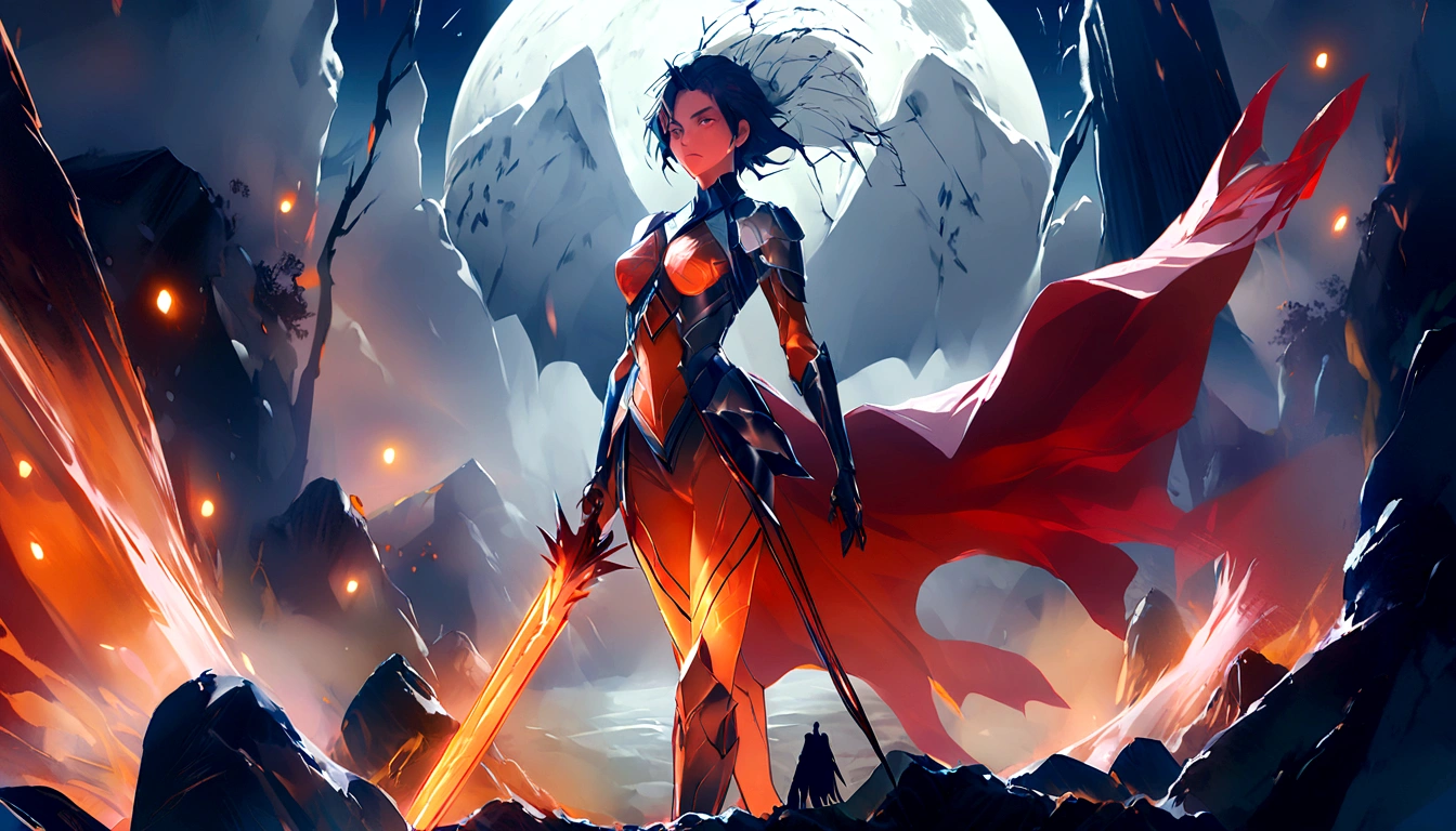 { "Incite": "Create a full-body image of a superhero with a mysterious and intense aura, combining Spawn elements. The superhero should have a similar aesthetic to Moon Knight, but with a black and red primary color scheme. The character must have a dark and intriguing presence, with elegant, modern armor and a flowing cape. Focus in the dark, a fearless hero, using giant sword in his hands.