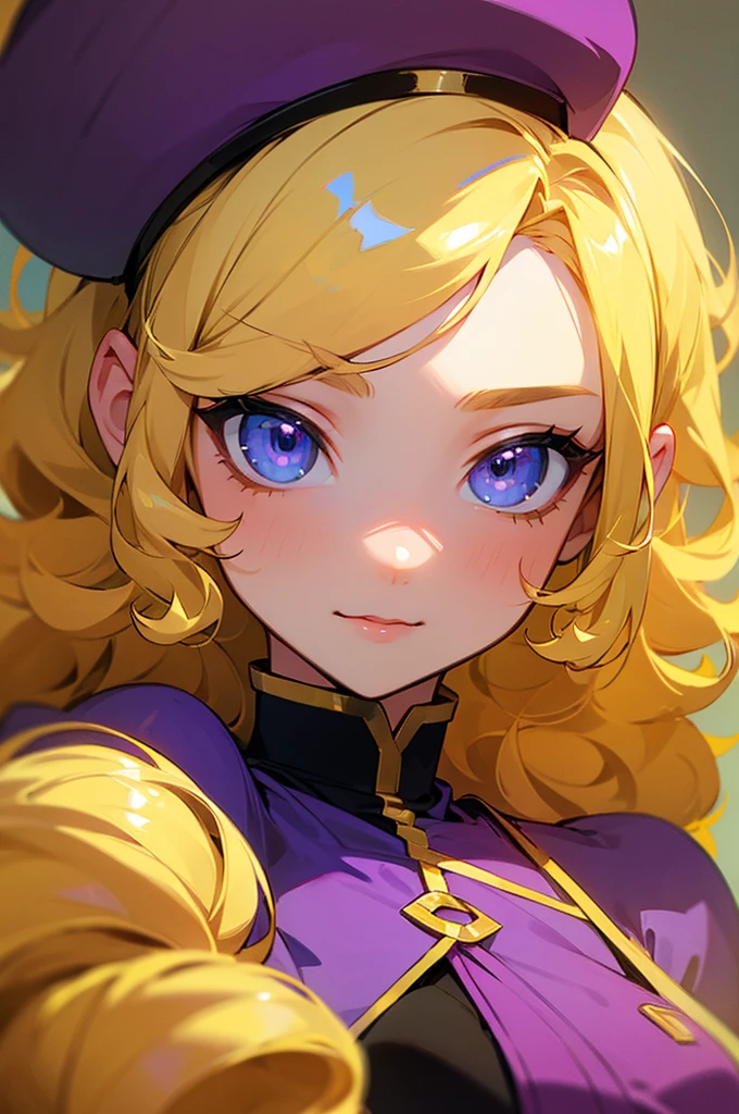 (masterpiece), best quality, expressive eyes, perfect face, blonde, femme, girly girl. purple outfit, yellow accents, charming, cheerful, curly ,