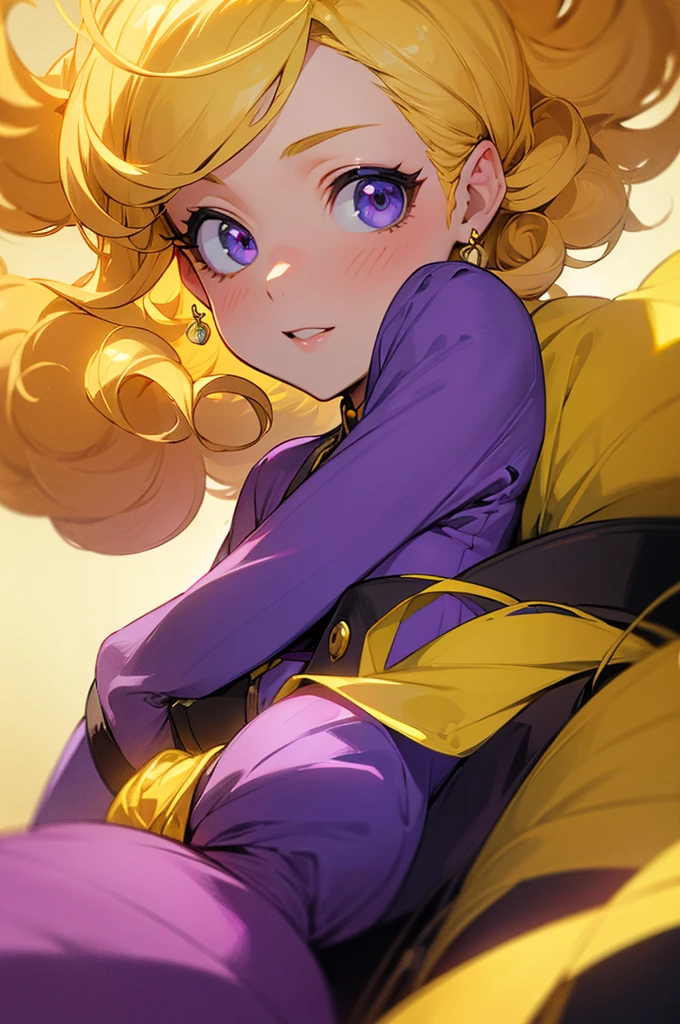 (masterpiece), best quality, expressive eyes, perfect face, blonde, femme, girly girl. purple outfit, yellow accents, charming, cheerful, curly ,