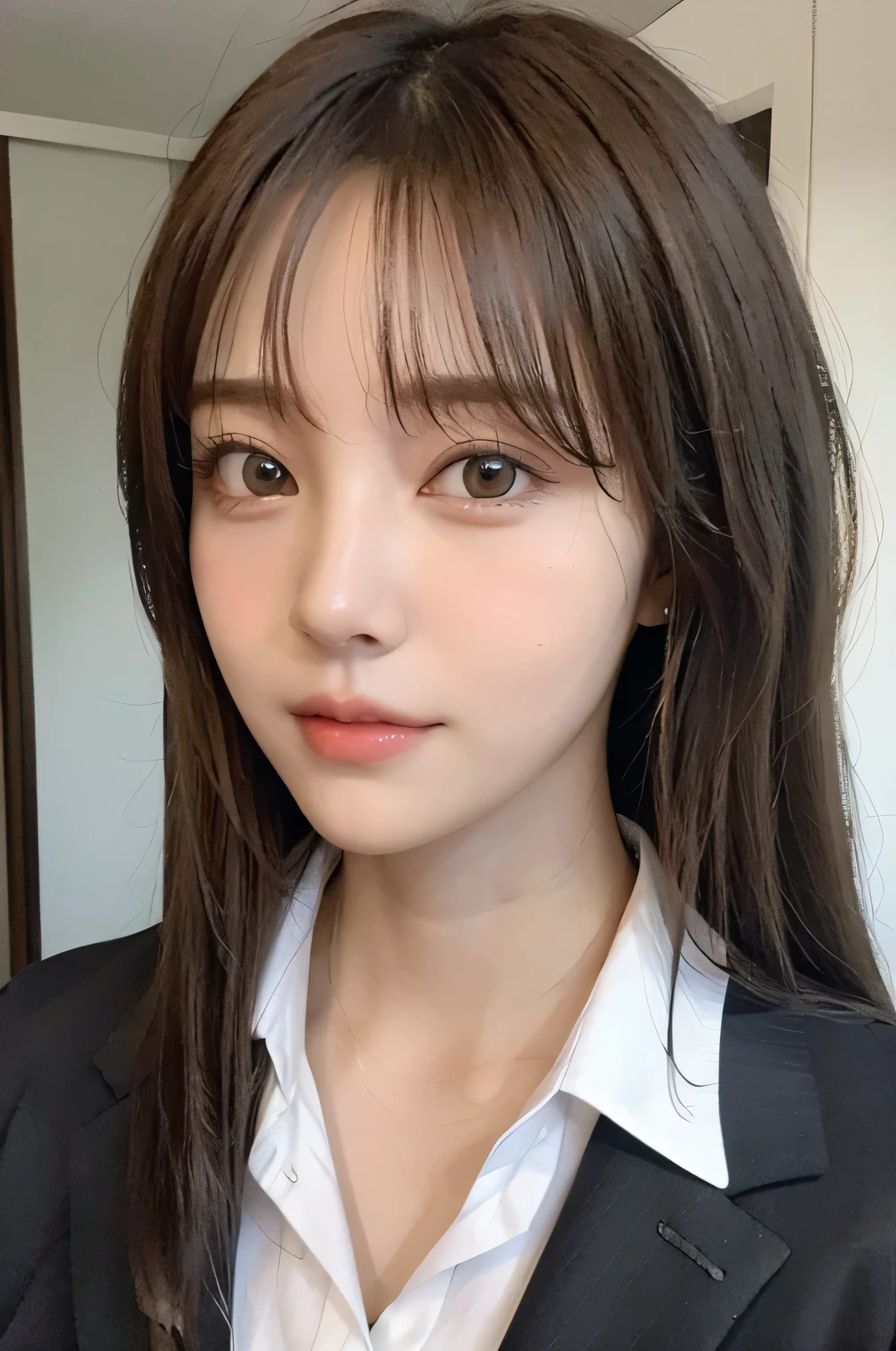  high quality, 最high quality, (Detailed face:1.4) ,Beautiful woman , Golden Eyes, Long Hair , Sharp eyebrows , Her beautiful bangs cover her eyes , Huge breasts  ,Transparent muscle、Office Lady、whole body、