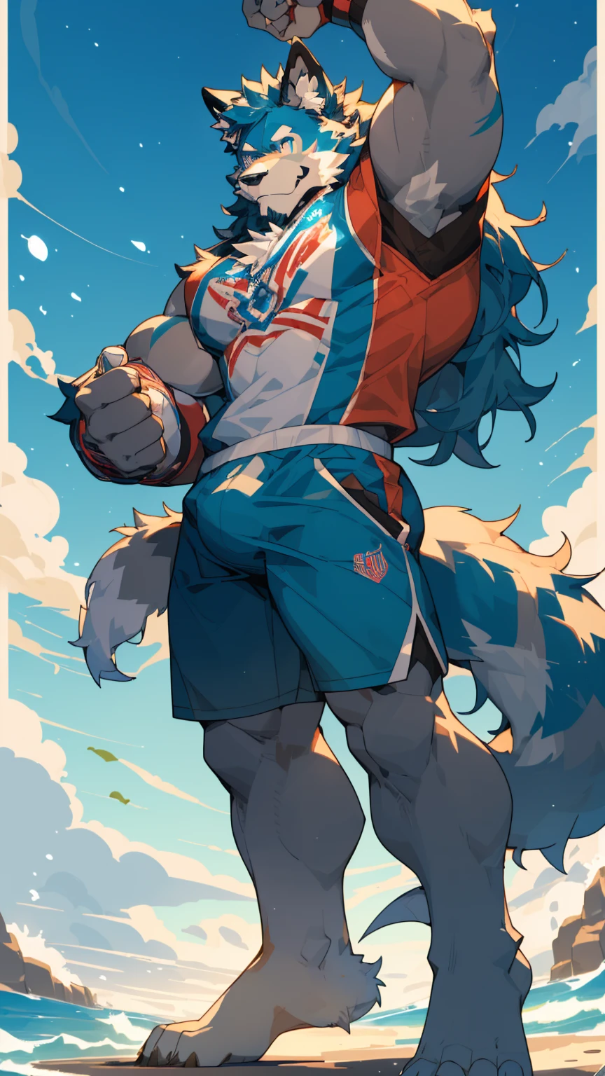Sunlight,high resolution,4K,like,(((whole body))),masterpiece,high quality,Brave and bold,((Wolf)),male,((Strike a pose:1.3)),WolfFurry,(Middle-aged uncle),hairy,((charming,Smiling Face,Long hair)),((peaceful,Comfort)),((strong,Tall and big:1.3,thin long ears:1.3,Well-proportioned limbs:1.3,Wolf尾巴:1.3,Bigfoot,Meat pad:1.2,Crotch bulge:1.3)),(((Red and black sports shorts))),(((Green ears,Dark blue head,dark blue back,Dark blue limbs,White milk,White belly,Blue pupils))),charming脸庞,Attention to detail,Detailed body,Detailed hands