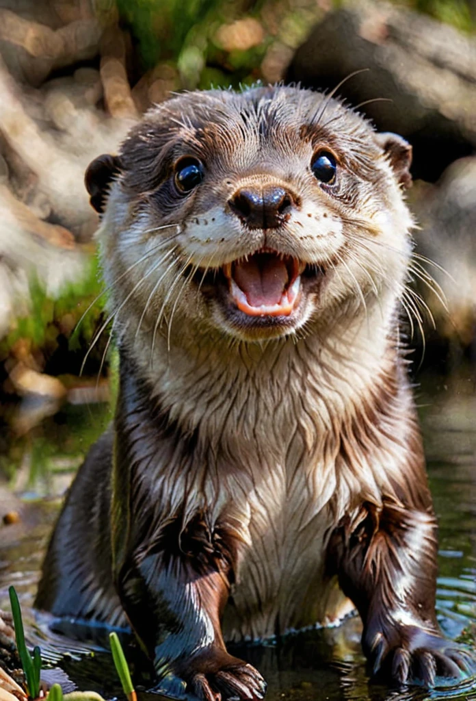 a painting of an otter with its mouth open, popular on art station, laughter and screaming face, the artist has used bright, by Peter Rockwell, digital photo, exaggerated expression, close to the camera, cheerful, whiskers, smiling at the viewer, by Suzy Rice, watercolor
