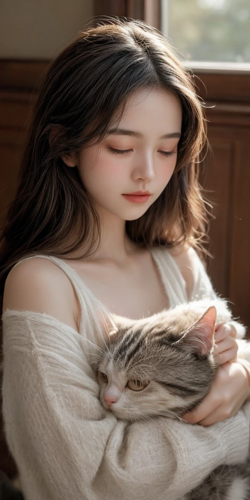 (best quality, masterpiece, extremely detailed, high depth of field, film tone, intricate descriptive details, 8K), The girl has a serene expression, her eyes closed in contentment, while the cat nestles comfortably in her arms, purring softly. The girl’s hair cascades down her shoulders, and she wears a cozy, soft sweater. The cat has a fluffy coat, with its eyes half-closed in relaxation. The background is softly lit, creating a warm and intimate atmosphere. The scene captures a tender moment, emphasizing the bond between the girl and her feline companion, This image is an extraordinarily complex and sophisticated masterpiece.