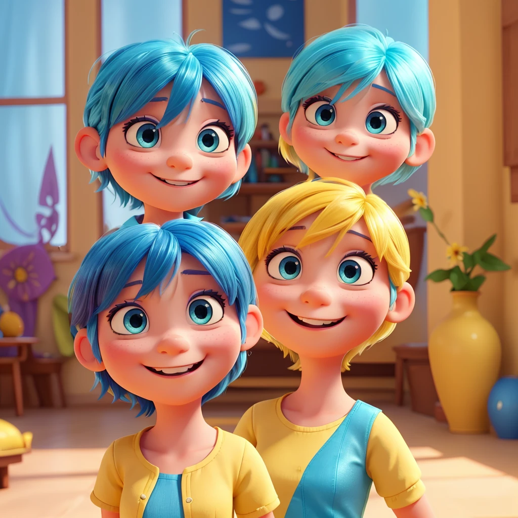 Create an image of the character Alegria from the movie “Inside Out”, highlighting your bright blue eyes, pixie haircut with side bangs and its happy, radiant expression. She must be wearing a yellow dress that reflects her sunny disposition, in a setting that exudes happiness and positivity.