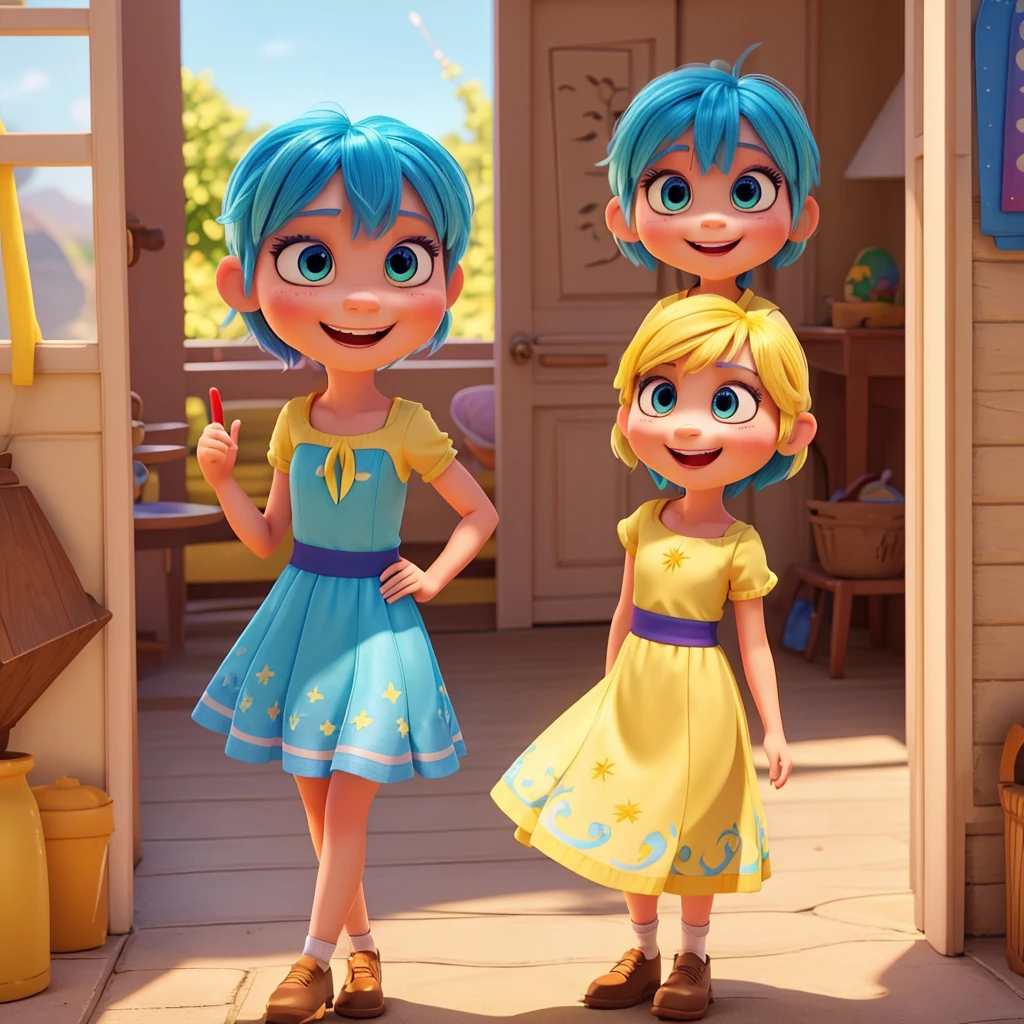 Create an image of the character Alegria from the movie “Inside Out”, highlighting your bright blue eyes, pixie haircut with side bangs and its happy, radiant expression. She must be wearing a yellow dress that reflects her sunny disposition, in a setting that exudes happiness and positivity.