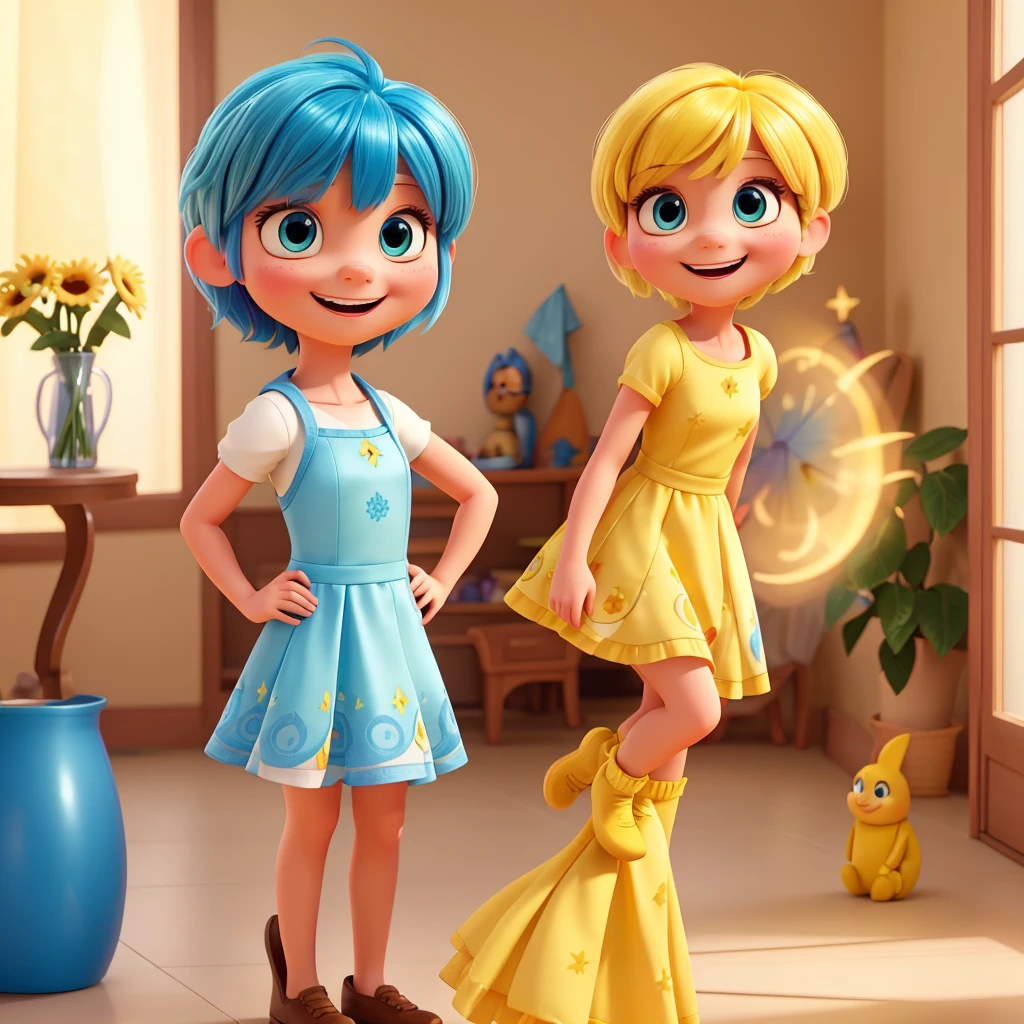 Create an image of the character Alegria from the movie “Inside Out”, highlighting your bright blue eyes, pixie haircut with side bangs and its happy, radiant expression. She must be wearing a yellow dress that reflects her sunny disposition, in a setting that exudes happiness and positivity.