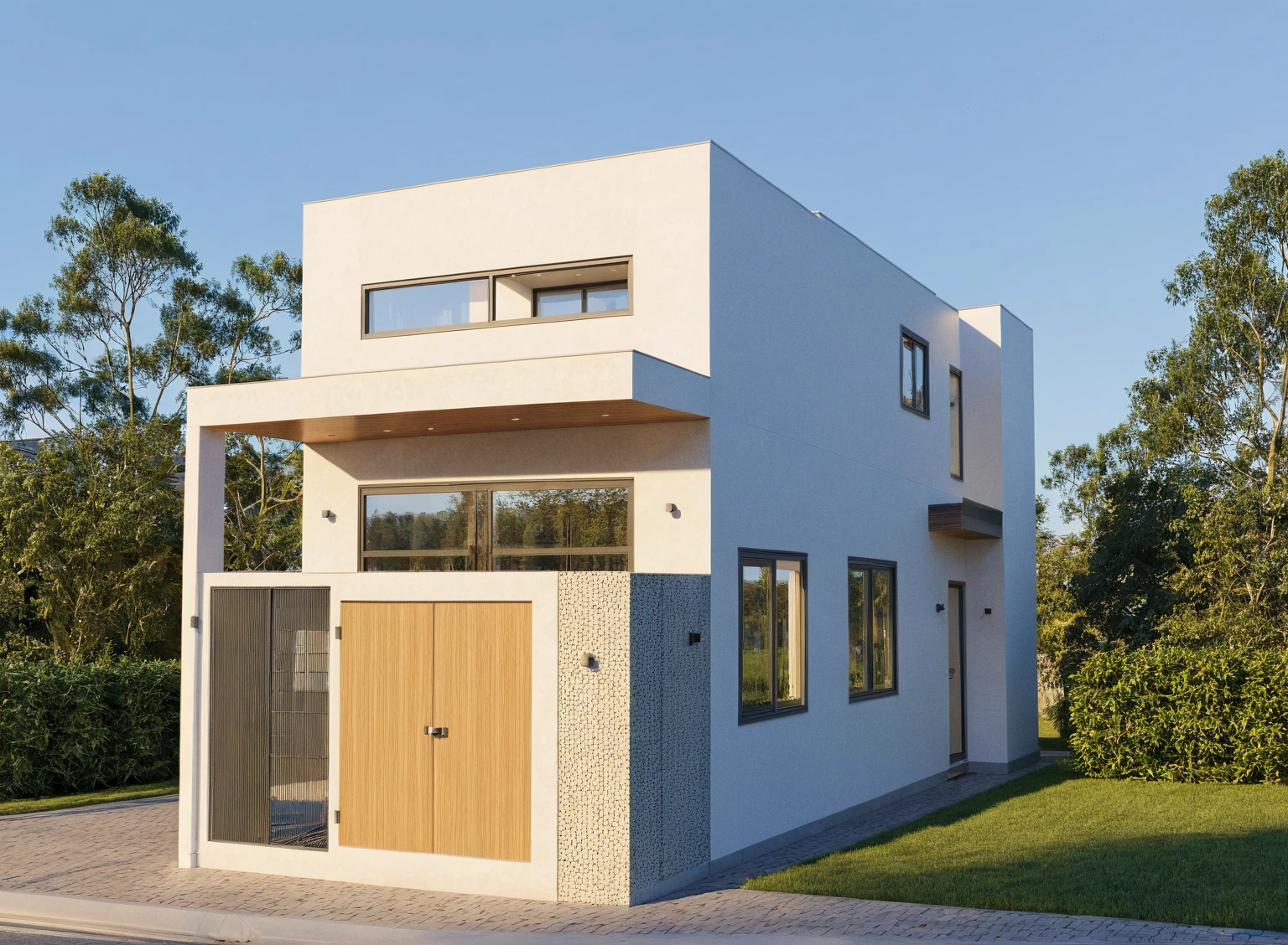 Raw photo,Masterpiece, high quality, best quality, authentic, super detail,
exterior, outdoors, house style modern on the street, glass windows, gate, wooden ceiling,
road,House on the corner of the street, pavement, trees, sky, cloud, (daylight:1.1)