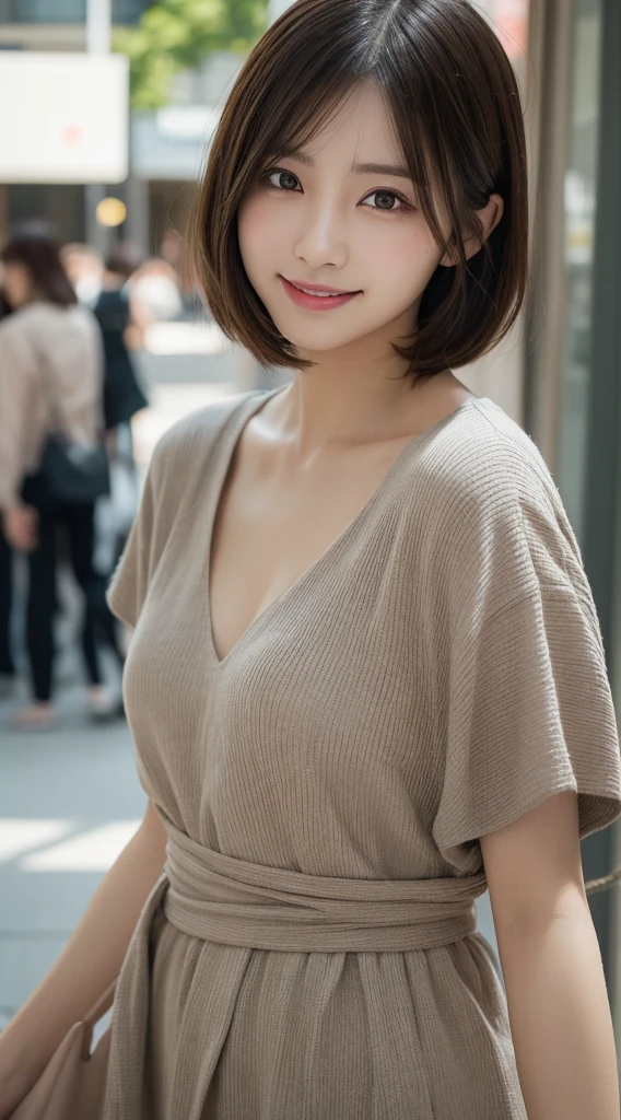 masutepiece, Best Quality, Illustration, Ultra-detailed, finely detail, hight resolution, 8K Wallpaper, Perfect dynamic composition, Beautiful detailed eyes, Women's Fashion Summer,Shorthair,,Natural Color Lip, Bold sexy poses,Smile,Shinjuku、20 years girl、Cute、Sexy shot looking at camera