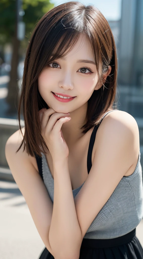 masutepiece, Best Quality, Illustration, Ultra-detailed, finely detail, hight resolution, 8K Wallpaper, Perfect dynamic composition, Beautiful detailed eyes, Women's Fashion Summer,Shorthair,,Natural Color Lip, Bold sexy poses,Smile,Shinjuku、20 years girl、Cute、Sexy shot looking at camera