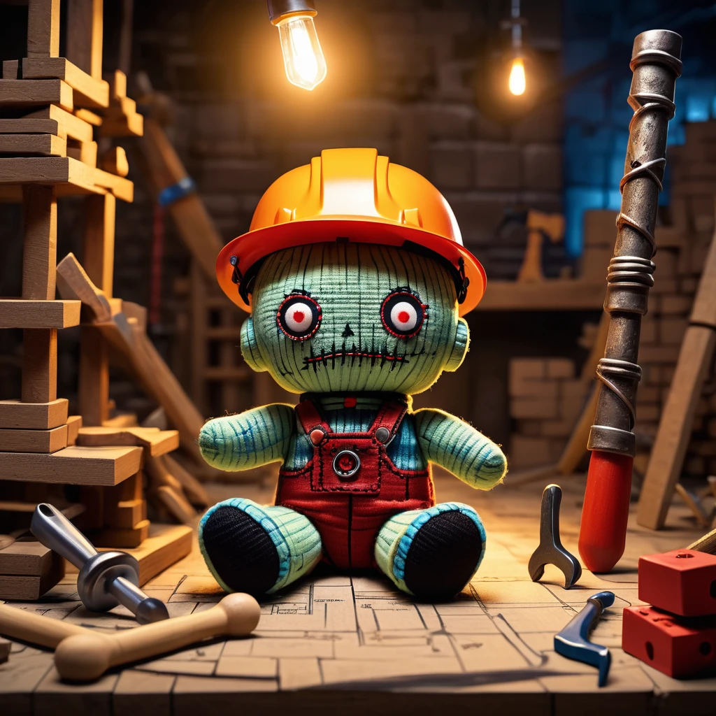 (knitted toy voodoo doll:1.5), (Voodoo Builder:1.3), (Clothing: construction attire with brick patterns:1.0), (Accessories: enchanted hammer, glowing hard hat, magical blueprint:1.2), (background: bustling construction site with floating tools, glowing building materials, and mystical scaffolding:1.2), best quality, masterpiece, detailed soft oil painting, detailed background, dramatic cinematic lighting, soft edge lighting, professional, dramatic lighting, hard edge lighting, ultra quality, 4k, masterpiece, best quality, 8k, ultra high definition, high resolution, extremely detailed