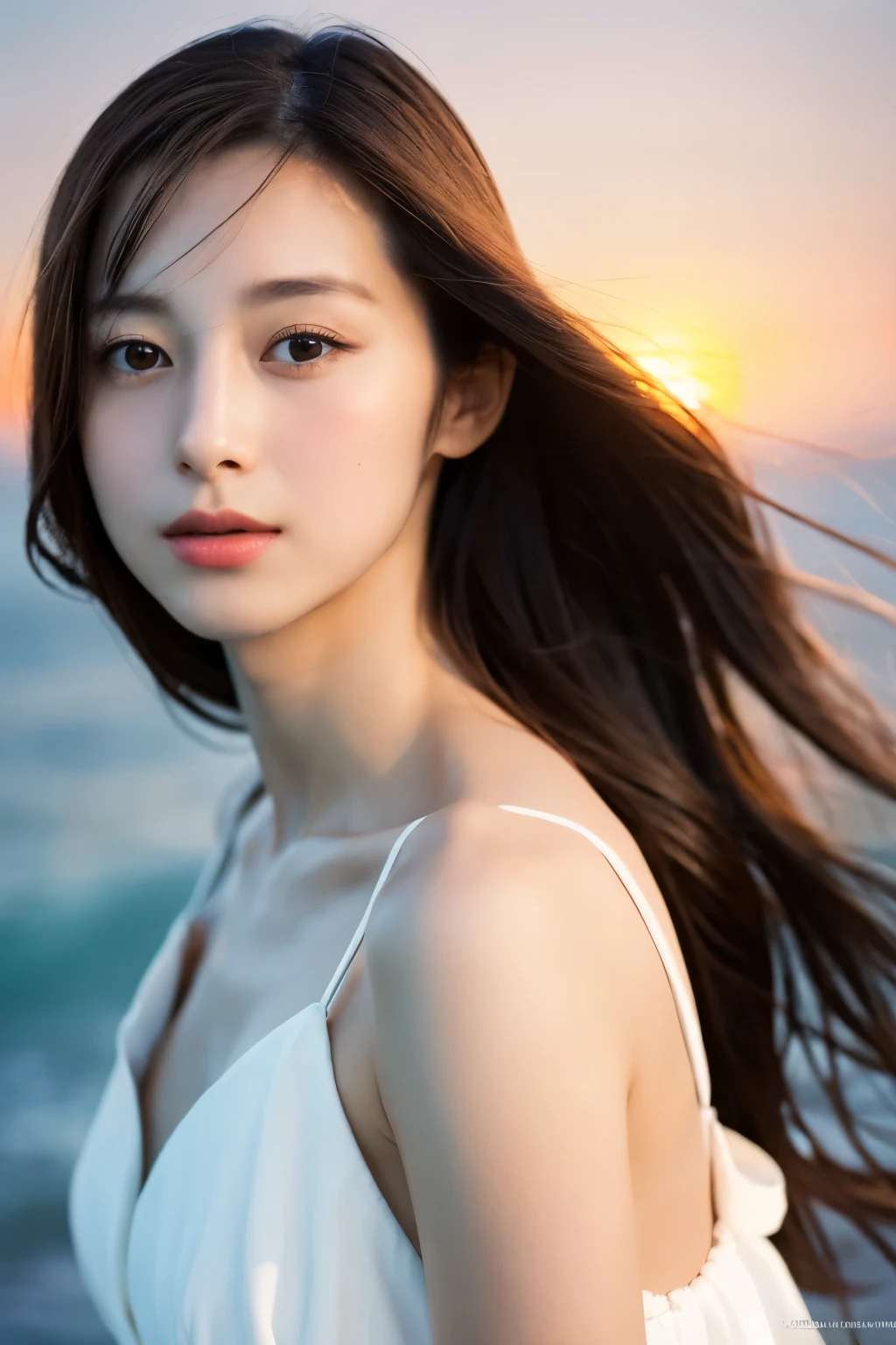 Create a high-quality, hyper-realistic portrait of a very beautiful Japanese idol. She is wearing a clean white summer dress and is squatting on the beach during sunset at sea. The deep indigo of the night sky contrasts with the last vestiges of crimson near the horizon, with swaying waves in the background. The girl has semi-long hair and a slender body with small breasts. The photo should capture her with detailed eyes, a detailed face, and a beautiful, sophisticated nose. The image should have a realistic, delicate, and finely detailed quality, suitable for a fashion magazine cover. Use cinema lighting and soft light to enhance her features. Ensure the photo is of the highest quality, with a resolution of 8K, making it perfect for a 2K wallpaper.