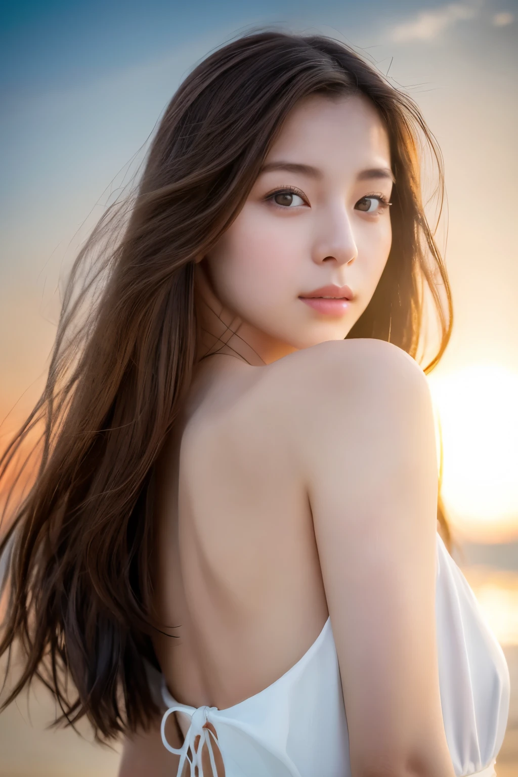 Create a high-quality, hyper-realistic portrait of a very beautiful Japanese idol. She is wearing a clean white summer dress and is squatting on the beach during sunset at sea. The deep indigo of the night sky contrasts with the last vestiges of crimson near the horizon, with swaying waves in the background. The girl has semi-long hair and a slender body with small breasts. The photo should capture her with detailed eyes, a detailed face, and a beautiful, sophisticated nose. The image should have a realistic, delicate, and finely detailed quality, suitable for a fashion magazine cover. Use cinema lighting and soft light to enhance her features. Ensure the photo is of the highest quality, with a resolution of 8K, making it perfect for a 2K wallpaper.