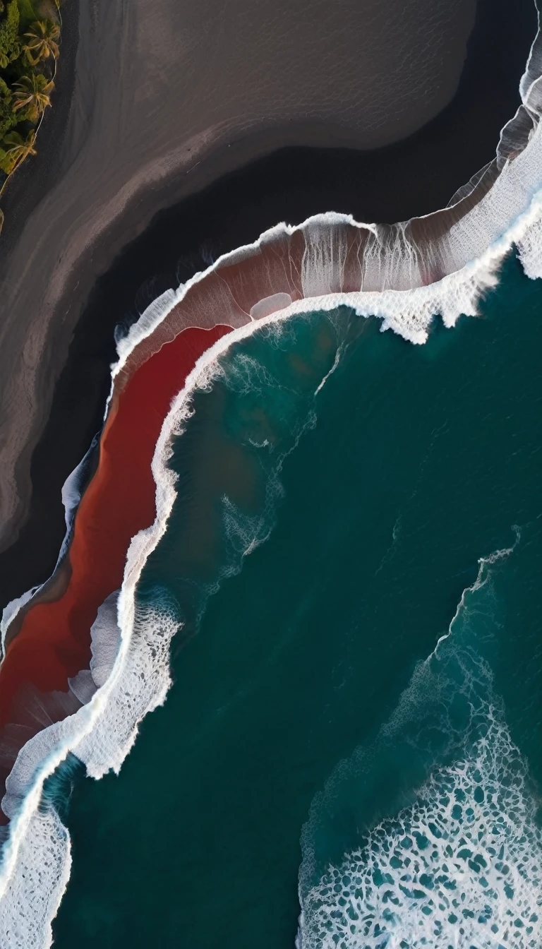 Top view,Black sand beach,Red Wave