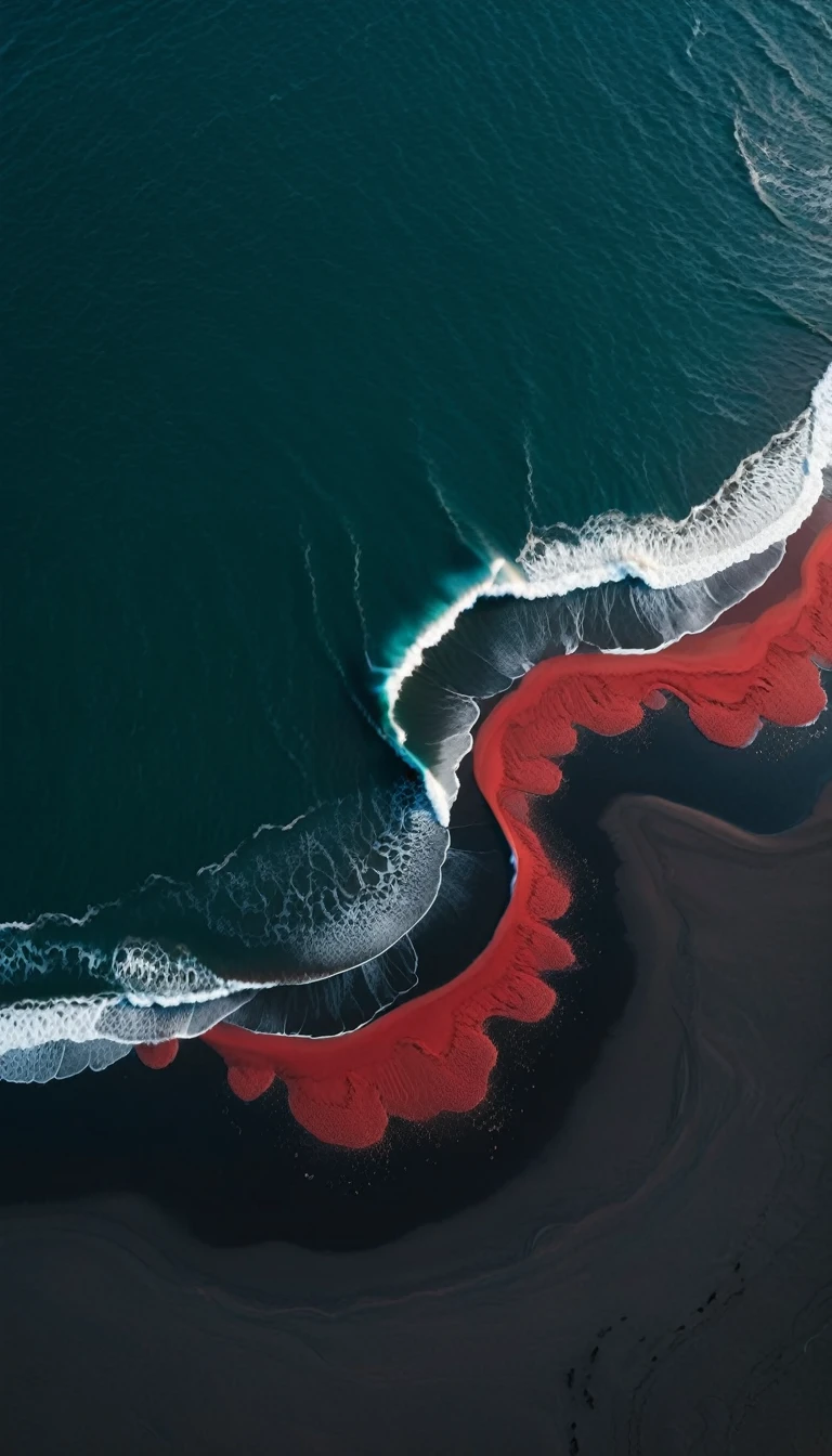 Top view,Black sand beach,Red Wave