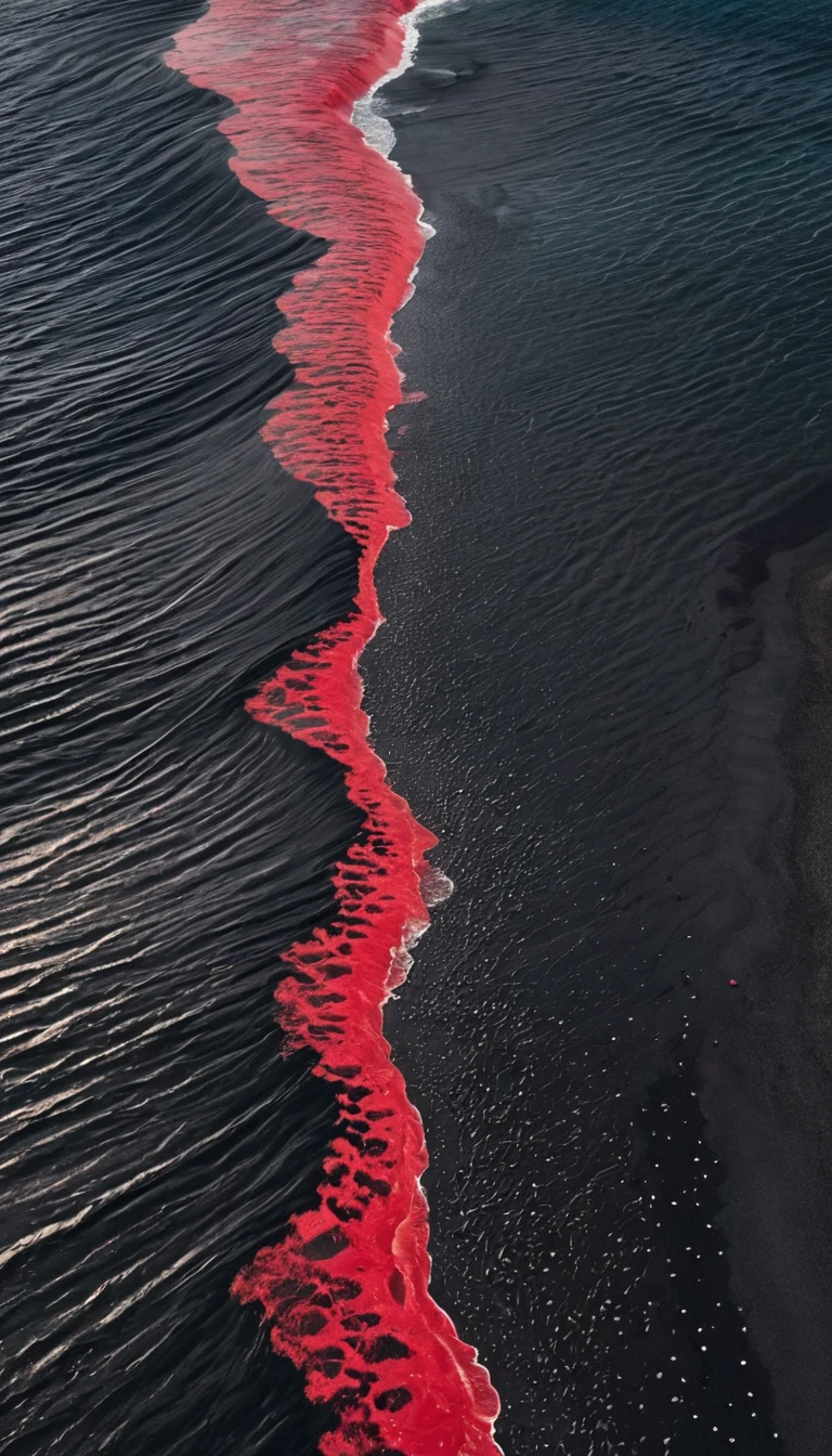 Top view,Black sand beach,Red Wave