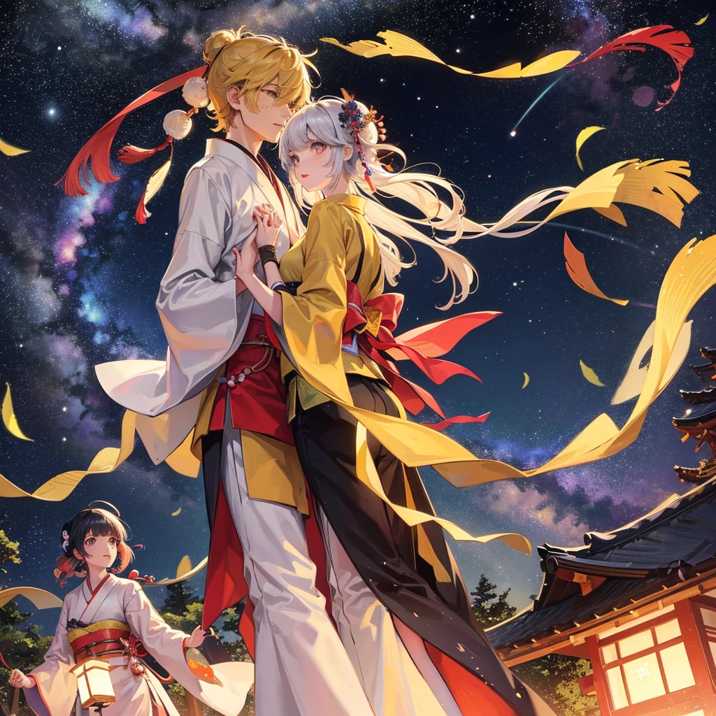 Tanabata night, a forest of leaves, a man and a woman in Japanese clothes, holding hands and looking up at the sky, the Milky Way in the sky