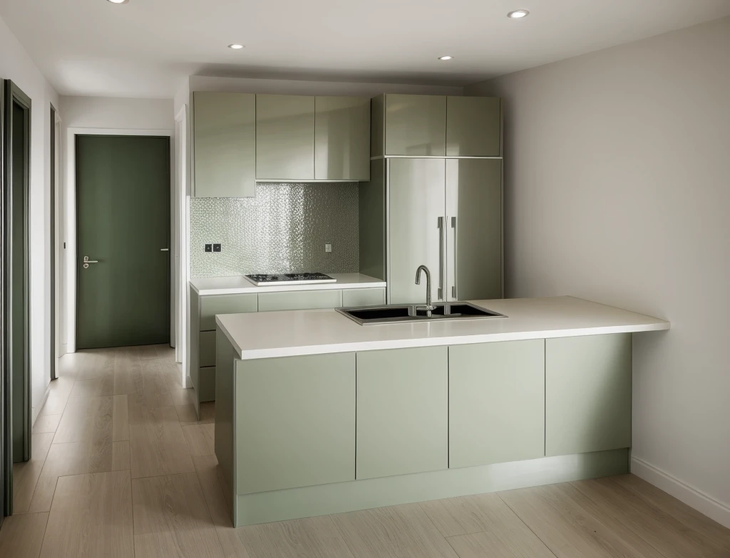 kitchen interior, modern style, light army green and legato cabinet, neutral color scheme, beautiful lighting, glazing door, sink, silver fridge, timber floor, (realistic:1.2), Raw photo,Masterpiece, high quality, best quality, authentic, super detail,