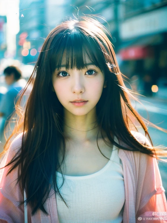 Japanese beautiful girl, Embarrassed look, figure, (Highest quality, Super detailed), front、Gentle lighting, Flowing Hair,one piece、 Delicate features, Dreamy atmosphere、Analog Film Photography、20-year-old、90'、Cyberpunk-style lo-fi animation、