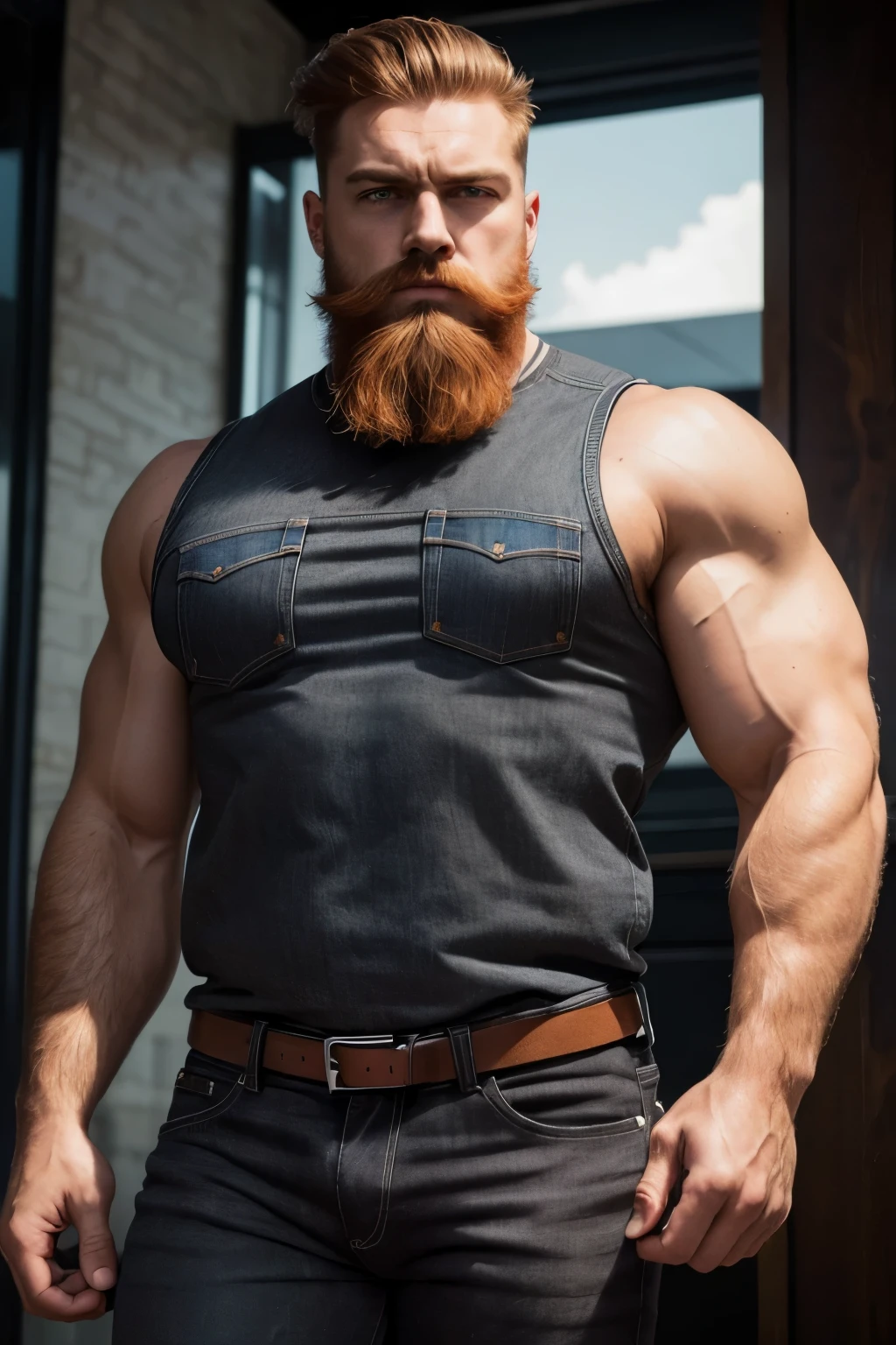 Create a realistic 8k high definition GTA6 effect image of a bald man with a red beard and a white tank top with light blue shorts, Predominant colors are light blue, white and black.