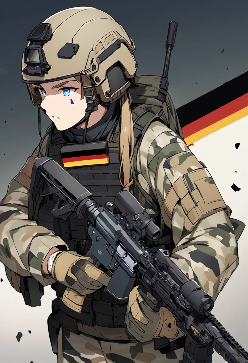 German man with short blonde curlyhair and light blue eyes wearing flecktarn camo heavy tactical gear and a helmet and a German flag on his chest and holding a HK416