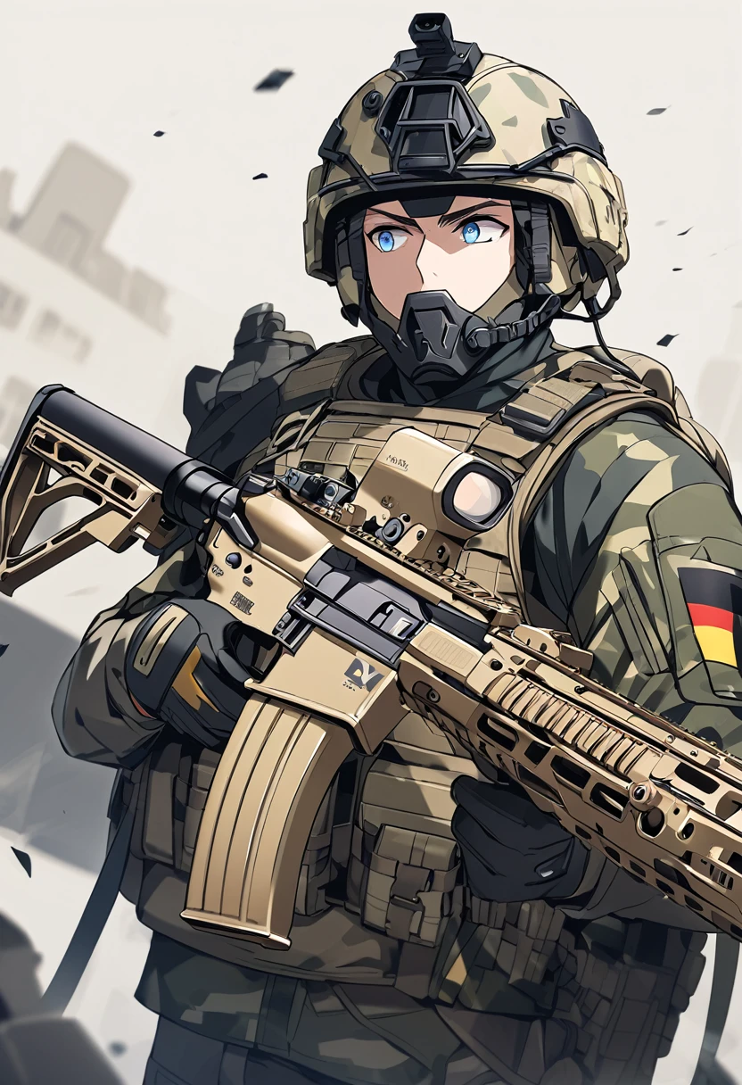 German man with short blonde curlyhair and light blue eyes wearing flecktarn camo heavy tactical gear and a helmet and a German flag on his chest and holding a HK416