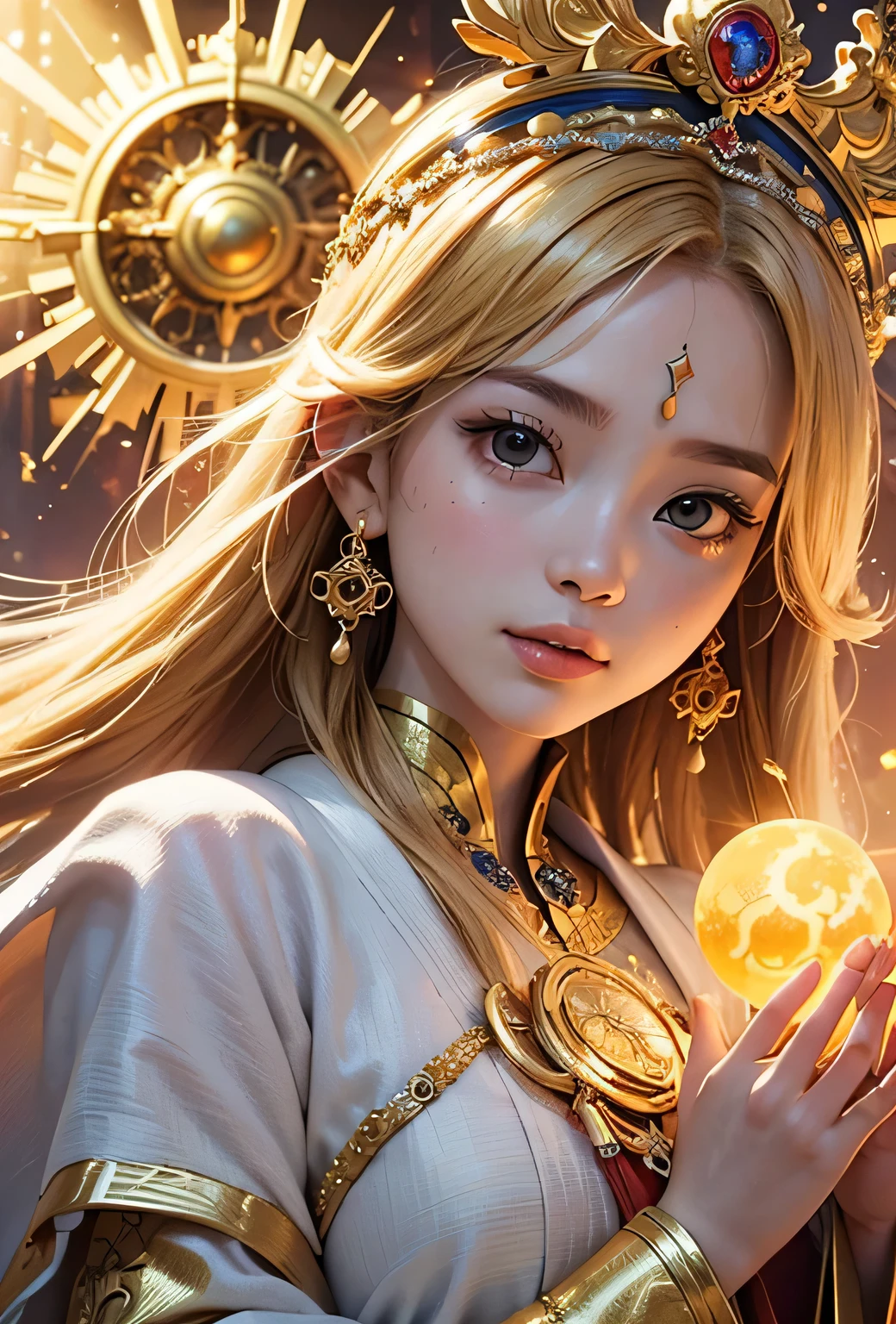 "Child of the Sun, Goddess of Love": Within a sacred sanctuary bathed in sunlight, depict the figure of a sun goddess who governs love, facing forward and emanating divine radiance. She is a , around 3 years old. Zoom in to focus on her face, with a gleaming orb of light in her hands, representing the life-giving power of the sun. Her hair is shimmering gold, and she is wearing a traditional miko outfit as seen in Japanese shrines. The background should be predominantly gold, evoking a sense of divine splendor, with numerous heart-themed objects expressing the beauty of love. The setting is in heaven, enveloped in soft, bright light, where one can find tranquility and peace of mind, free from any trace of anxiety.Straight-on.