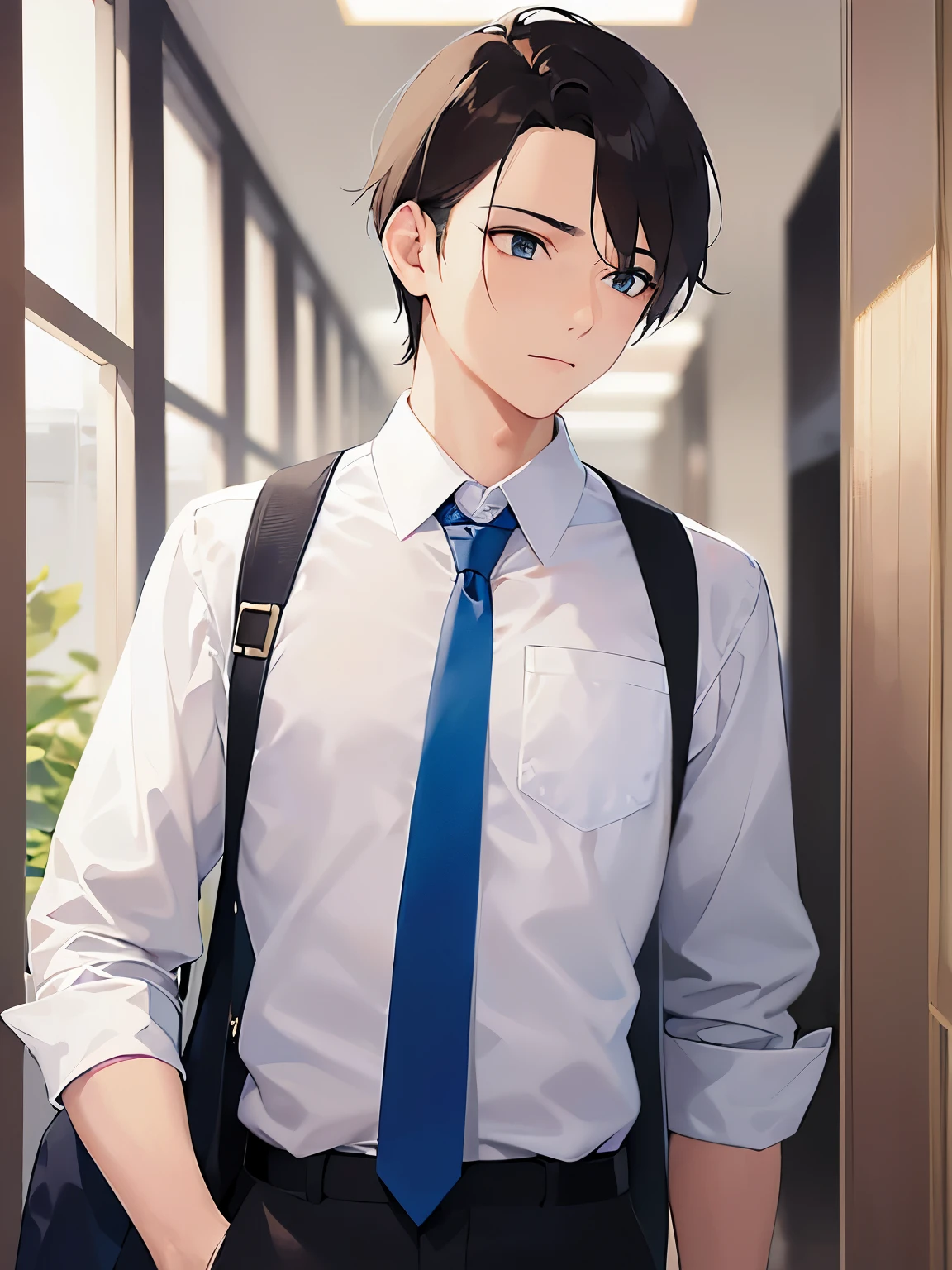 looking away,upper body,masterpiece、Highest quality、BREAK (25-year-old male:1.5) and (Mahogany brown short hair) and (Green Eyes)BREAK (white collared shirt) and (Blue tie),The background is an office hallway、Serious face、Are standing