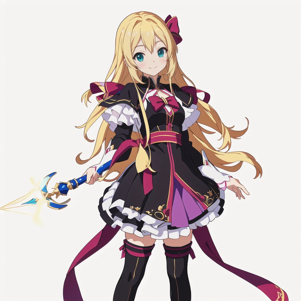 Highest quality, high resolution, High quality anime art style, Official Art, Smooth anime CG art, Stylized anime, Cute 3D anime girl render, Visual Novel Sprites, White background, whole body, Anime-style 3D, Smooth anime CG art, humanoid woman, JRPG Characters, Magical Girl Style, Anime woman in a black dress with maroon ribbon, Blonde, Long Hair, smile, He holds a magic wand in his right hand, Small Bust, Small breasts, 15 years old,