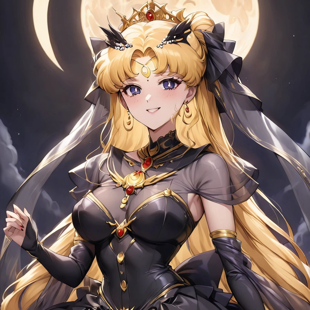((Highest quality)), ((masterpiece)), (detailed), (Perfect Face)、Black moon mark on forehead、The woman is Black Serenity, the noble dark queen of the Black Moon clan and has blonde hair.2The woman with long hair tied up is Princess Serenity、The woman has a black inverted crescent moon mark on her forehead, a gorgeous and glittering black gothic Victorian dress, a black veil and a black see-through cape, and is wearing luxurious jeweled accessories. She is the Queen of Darkness, the jet-black Princess Serenity, looking at the camera with a happy expression, and has the expression of a maiden in love.