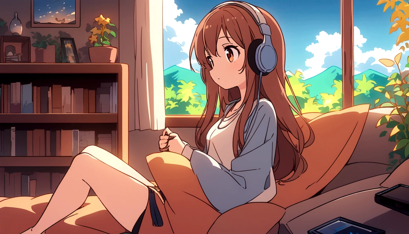 Keywords : masterpiece, best quality, movie stills, one girl, girl in clouds, happy, warm soft lighting, listening to music on headphones in room bed, long hair girl, big eyes, profile, summer sky, illustration style
