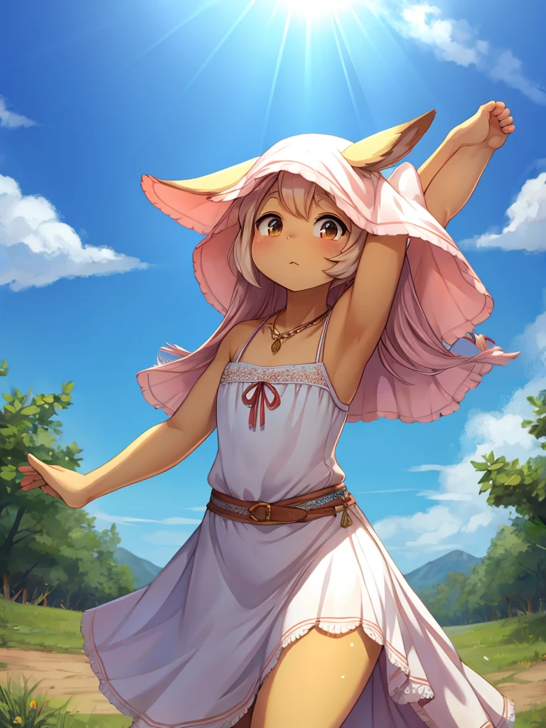 Hallucination , ugly geek Sow , (butterface) , relaxed Fluttering white thin dress , Dancing on the top of hill , halation , Strong sunlight , The fabric is see-through, so your skin is visible , Clothing erotica , (labia:0.8)