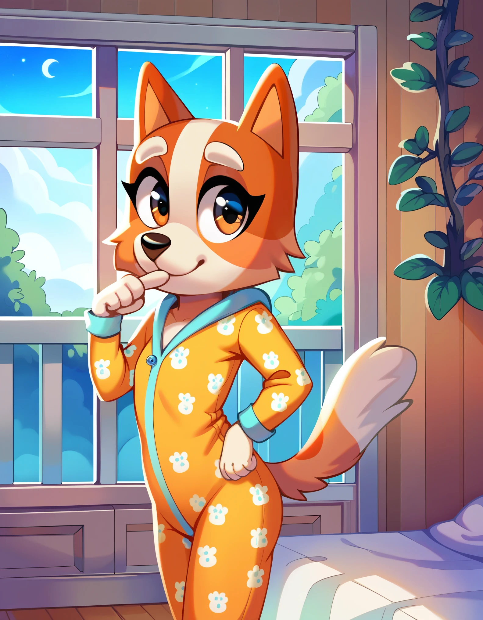 score_9, score_8_up, score_8, 1girl, 18 years old, source_cartoon, source_furry, blueyxl, bingo heeler, (boxchibi:0.8), cowboy shot, anthro, furry, tail, orange body, animal ears, flat shaded background, indoors, curvy, , detailed fur texture, pajamas, flat chest, onesie, slim, looking at viewer, at night, dark atmosphere