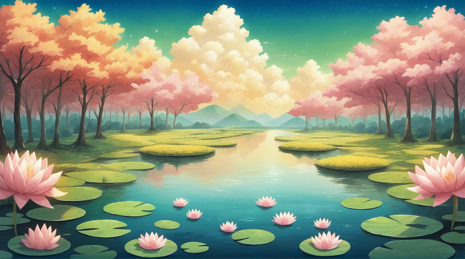 there is a painting of a sunset over a lake with flowers, background artwork, lotus pond, background art, radiating golden light, ethereal background, golden hour background, lotus, anime beautiful peace scene, magnificent background, light kingdom backdrop, by Yang J, concept art magical highlight, light bloom sunlight, anime background art, stunning arcanum backdrop