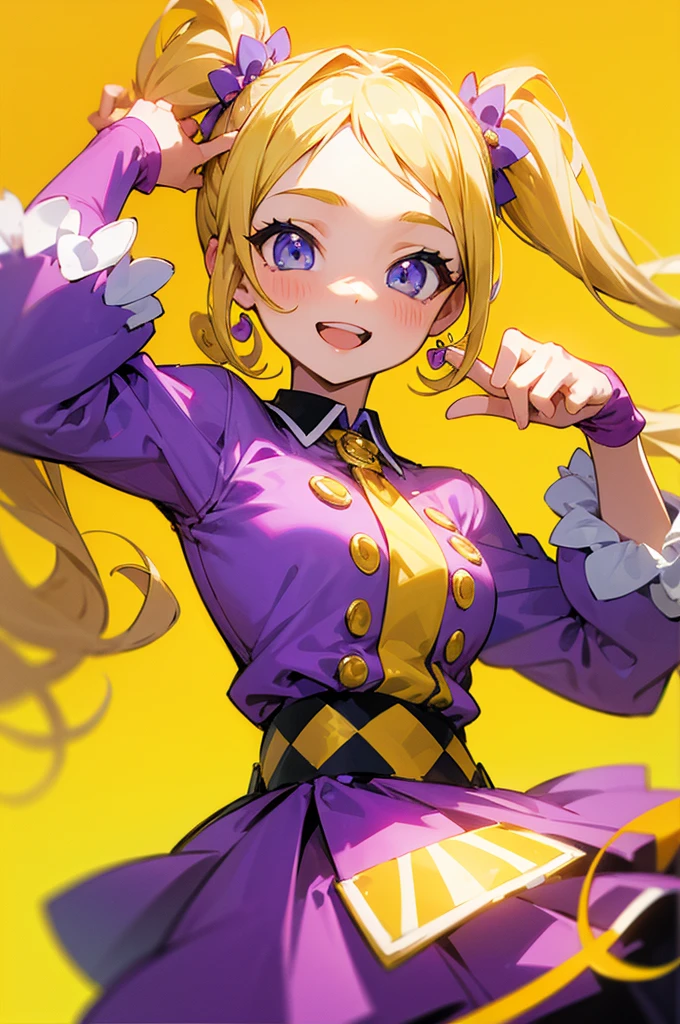 (masterpiece), best quality, expressive eyes, perfect face, blonde, femme, girly girl. purple outfit, yellow accents, charming, cheerful, curly , pigtails , long hair, happy, cheerful, idol, 