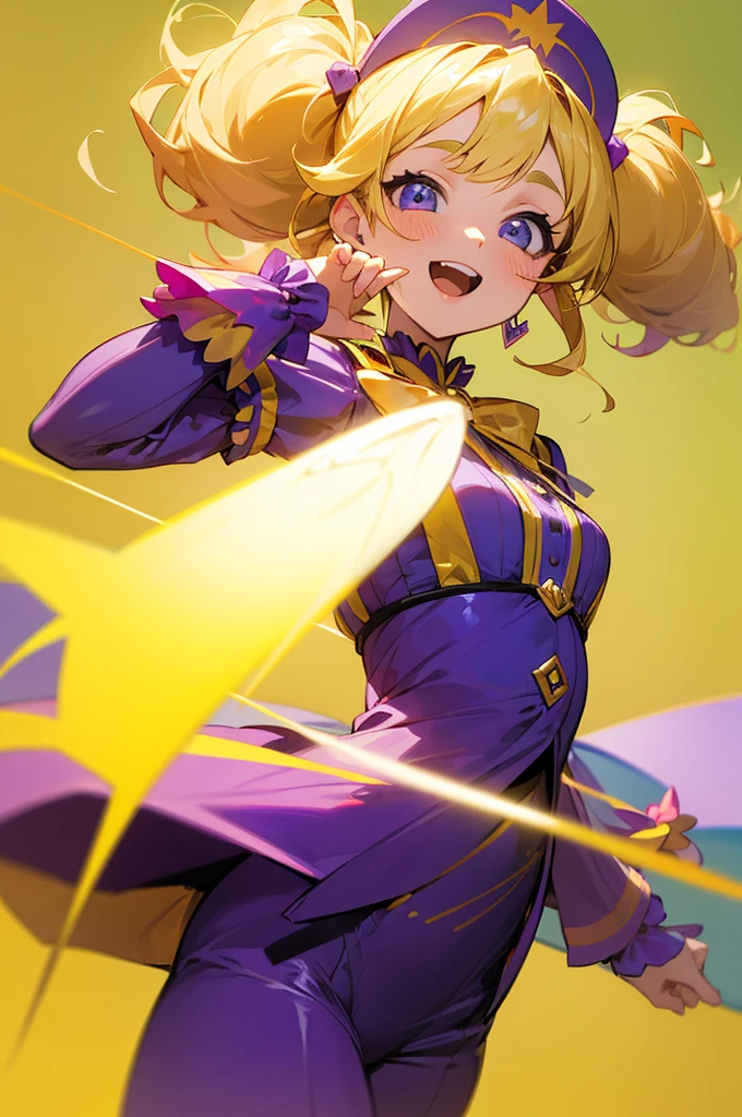 (masterpiece), best quality, expressive eyes, perfect face, blonde, femme, girly girl. purple outfit, yellow accents, charming, cheerful, curly , pigtails , long hair, happy, cheerful, idol,