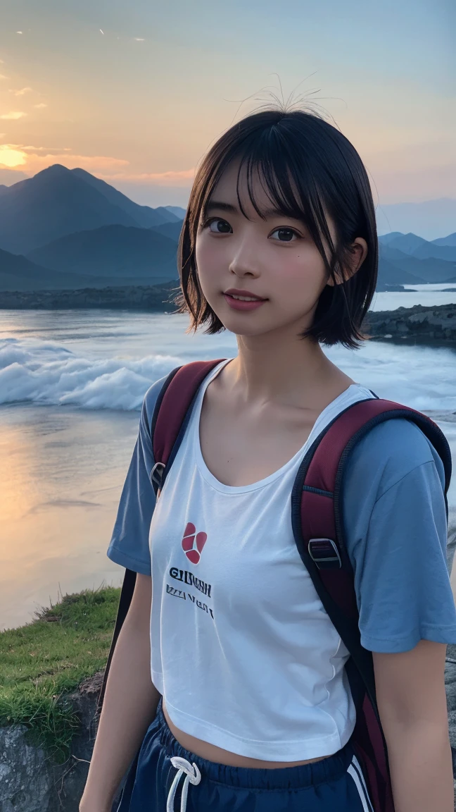 Highest quality, masterpiece, Ultra-high resolution, (Realistic:1.3), RAW Photos, (Nature landscape photography), (Majestic Mountain, sea of clouds), (At the top of a very high mountain), (sunset),
(One girl), (Upper Body), (20-year-old), (smile:0.9), (Shiny skin), (short hair, Dark brown hair),
(White T-shirt), (Trekking shorts), (Carry a large backpack on your back),
(Ultra detailed face), (Super beautiful poop), (Highly detailed eyes), (Highly detailed nose), (Highly detailed mouth), (Very skilled hands), (Super-detailed body), Sony a7, 85mm lens, f9.0, Pan Focus