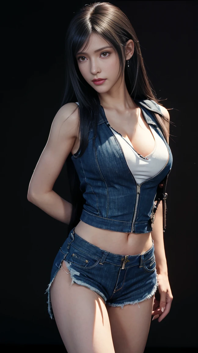 8K, Top Quality, Intricate Details, Ultra Detail, Ultra High Resolution, Masterpiece, close up shot, (full body: 1.1), Slender, Smile, (Makeup: 0.4), (walking), (Fluffy Eyes: 1.21), ((bangs)), 1girl, solo, 1 girl, (((red eyes, black hair, bangs, long hair, )), ((Tifa,Tifa・lockhart,Final Fantasy 7,FF7,l)), close up shot, , ((tall)), (((fit body))), (((slim face))), sharp face, (( , torn denim , open denim mini vest, open denim zip , open zip denim panties, no bra, no panties, no inwear, no underwear)) , (detailed face), sharp face, small lips, ( walking), walk pose, walking pose,
((, )), , ((,)), detailed face, detailed breast, large breast, huge breast, (( )), detail ass, Narrow Waist, Skinny, tall , 175 cm tall, Muscular, Navel, Exposed Abdomen, Pointed Chest,, Beautiful girl with accentuated slender abs: 1.4, Six Pack Abs: 1.4,, Perfect Body, detail leg, (( dark background)), black background,