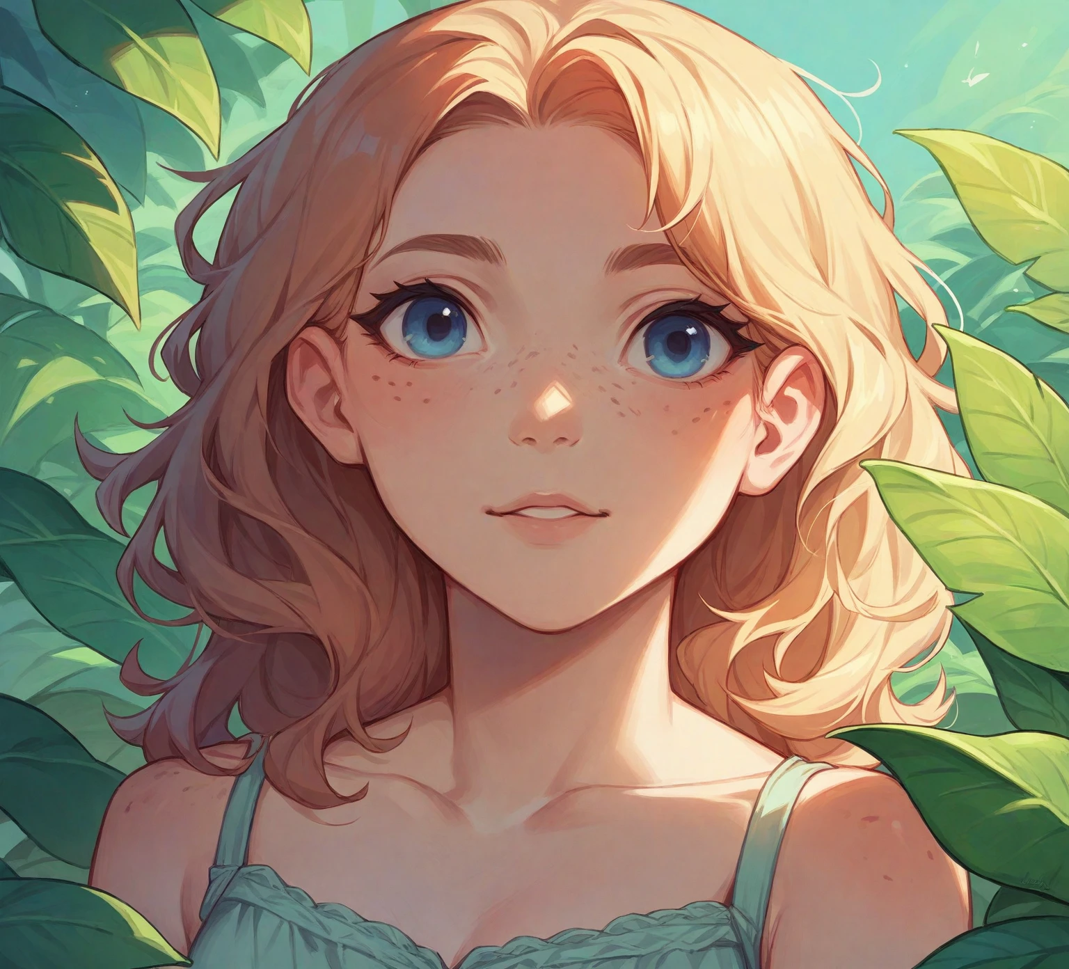 "Generate a portrait of a Chestnut teenage girl with freckles and blue eyes, wearing casual summer clothing and posing casually against a warm, sunny outdoor background with lush greenery."