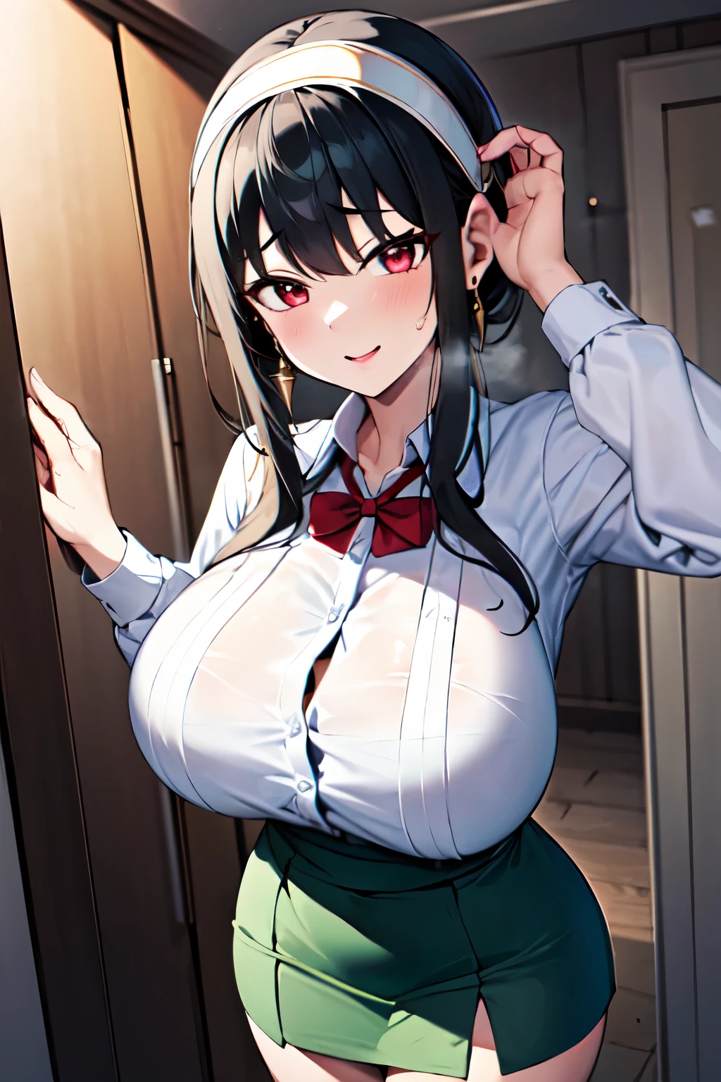 masterpiece, best quality, highres, BBYORF, short hair with long locks, white hairband, red eyes, gold earrings, (large breasts,busty),full bust,slender,(thin_Waist:1.4), office lady, white shirt, collared shirt,long sleeves, green skirt, (Black tights),office, (paper:1.1), surprised, standing,((Poses that accentuate large breasts)),((breast focus)),A kind smile,Estrus,sweat,Heavy breathing,Pervert,Slut,Tight big breasts