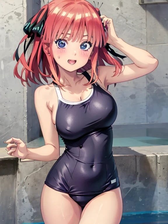 best quality, insanely detailed, nino nakano, breasts, one-piece swimsuit, breast hold