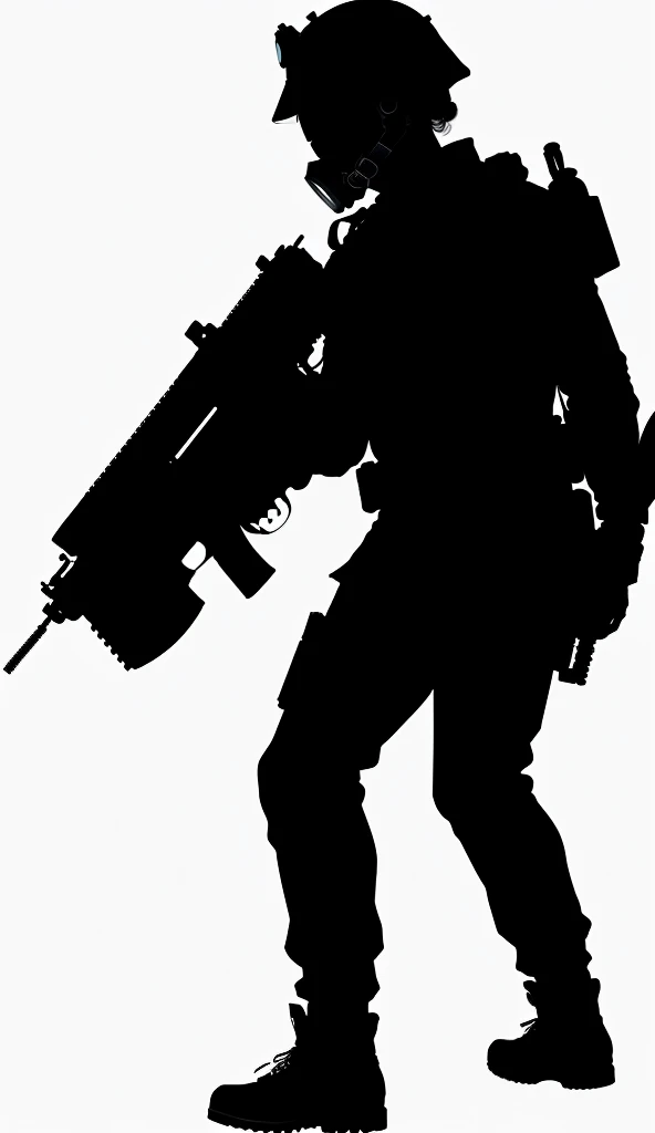 Silhouette of a soldier holding a gun, 人物contour, 详细contour, Black silhouette, White background上孤立, White background, Full body close-up, Soldier with gas mask, Single silhouette, High-quality images, 人的contour, Logo without text, 人体contour, 一个男人的contour, contour, HD illustrations