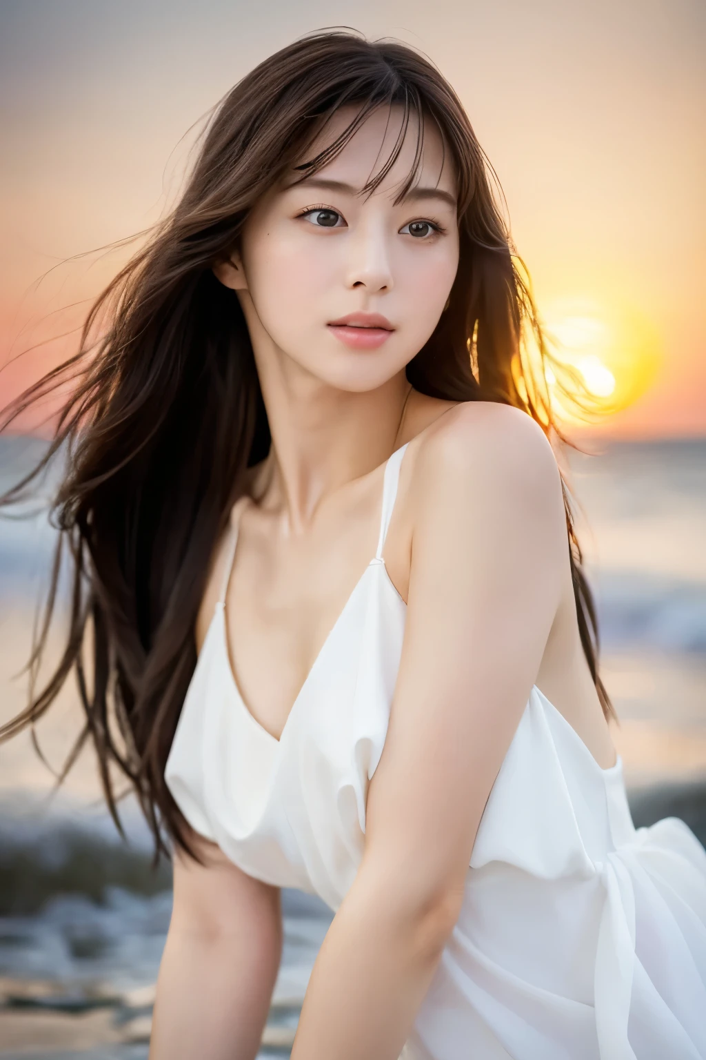 Create a high-quality, hyper-realistic portrait of a very beautiful Japanese idol. She is wearing a clean white summer dress and is squatting on the beach during sunset at sea. The deep indigo of the night sky contrasts with the last vestiges of crimson near the horizon, with swaying waves in the background. The girl has semi-long hair and a slender body with small breasts. The photo should capture her with detailed eyes, a detailed face, and a beautiful, sophisticated nose. The image should have a realistic, delicate, and finely detailed quality, suitable for a fashion magazine cover. Use cinema lighting and soft light to enhance her features. Ensure the photo is of the highest quality, with a resolution of 8K, making it perfect for a 2K wallpaper.