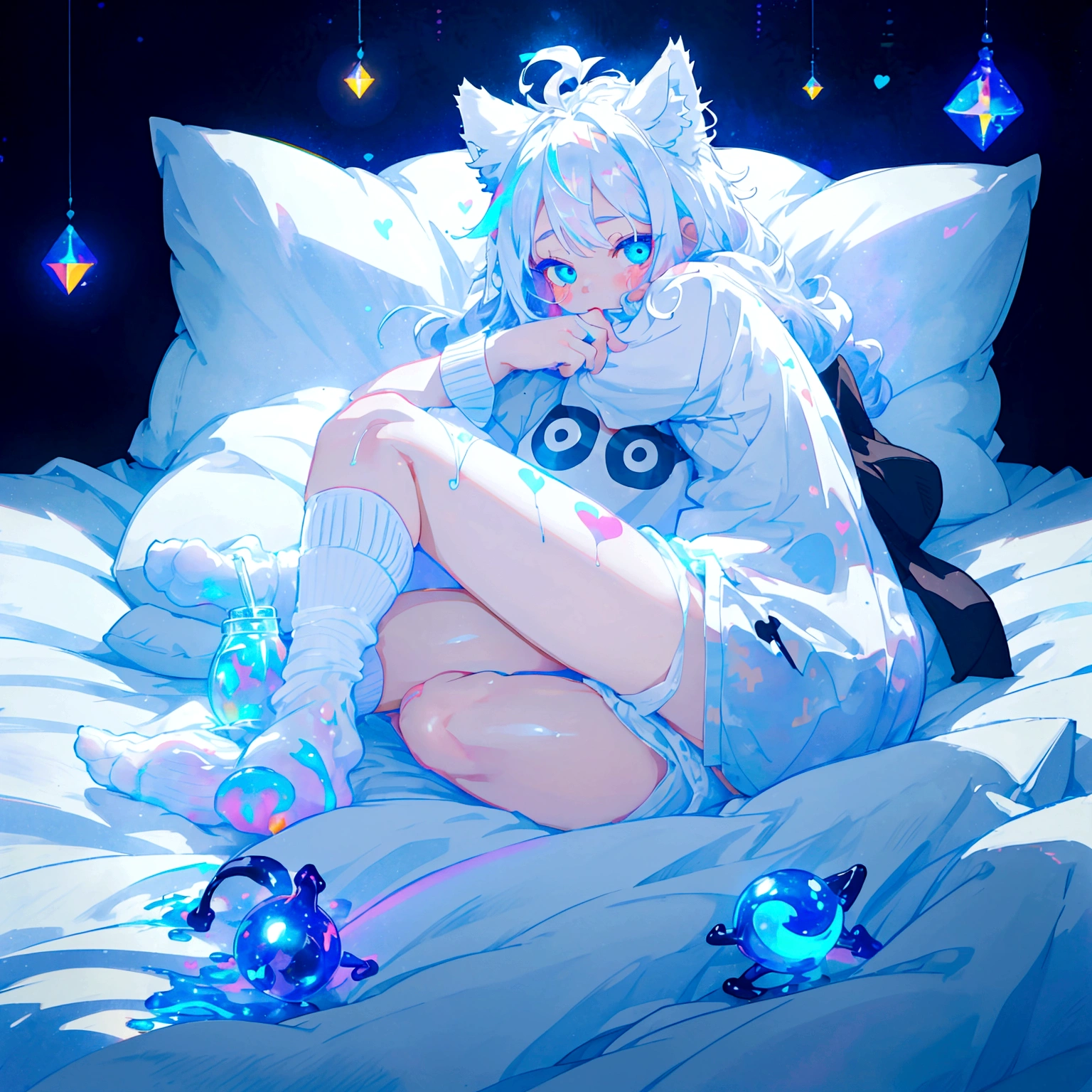 a cute adult male with wolf ears long white hair and a fluffy wolf tail, wearing bootyshorts and a tight t-shirt with a heart logo on it, has glowing blue eyes, is surrounded by dripping liquid galaxy rainbows, has very squishy thighs, wearing white thigh high socks, kawaii, on bed relaxing surrounded by plushies