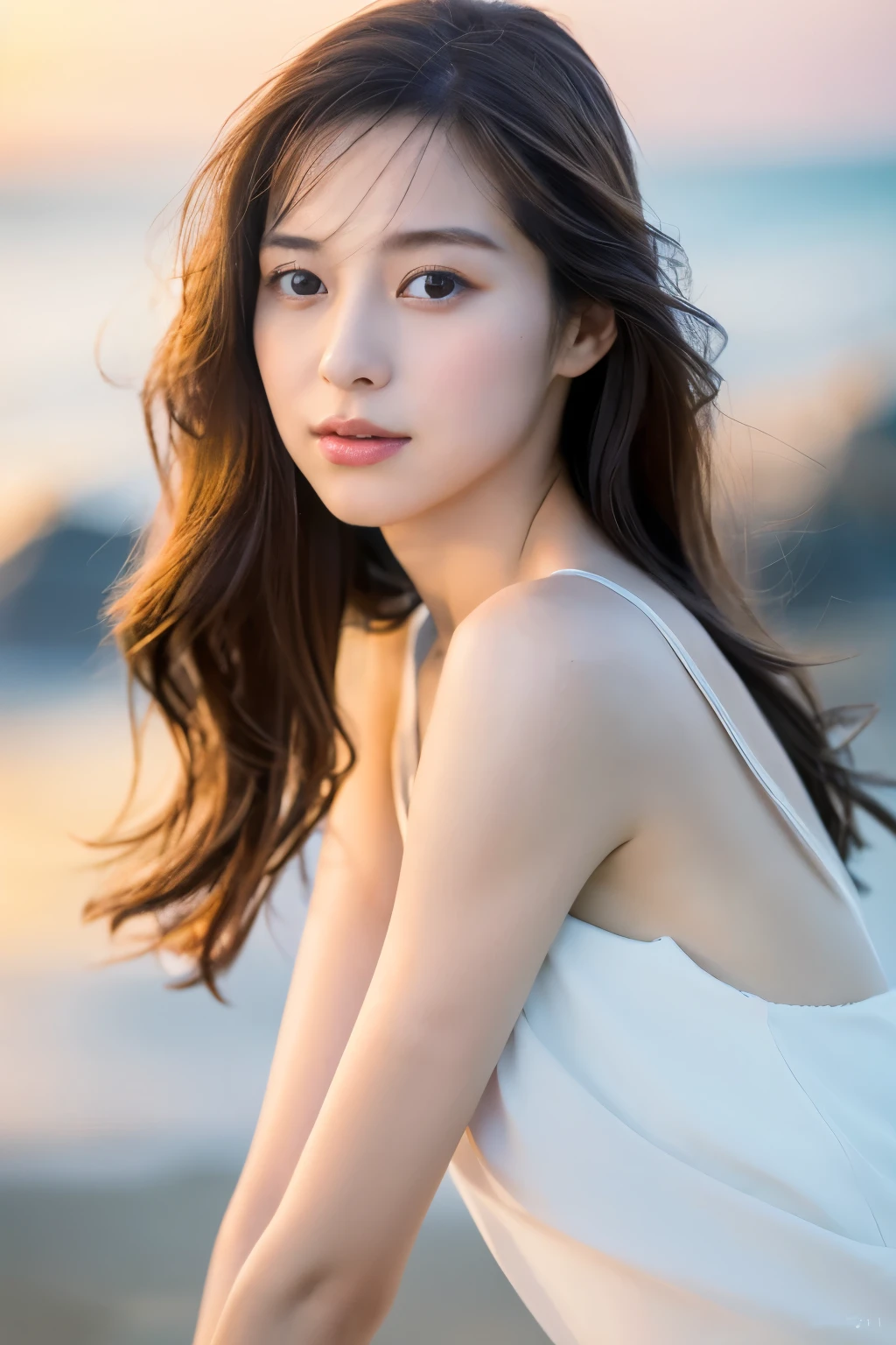 Create a high-quality, hyper-realistic portrait of a very beautiful Japanese idol. She is wearing a clean white summer dress and is squatting on the beach during sunset at sea. The deep indigo of the night sky contrasts with the last vestiges of crimson near the horizon, with swaying waves in the background. The girl has semi-long hair and a slender body with small breasts. The photo should capture her with detailed eyes, a detailed face, and a beautiful, sophisticated nose. The image should have a realistic, delicate, and finely detailed quality, suitable for a fashion magazine cover. Use cinema lighting and soft light to enhance her features. Ensure the photo is of the highest quality, with a resolution of 8K, making it perfect for a 2K wallpaper.